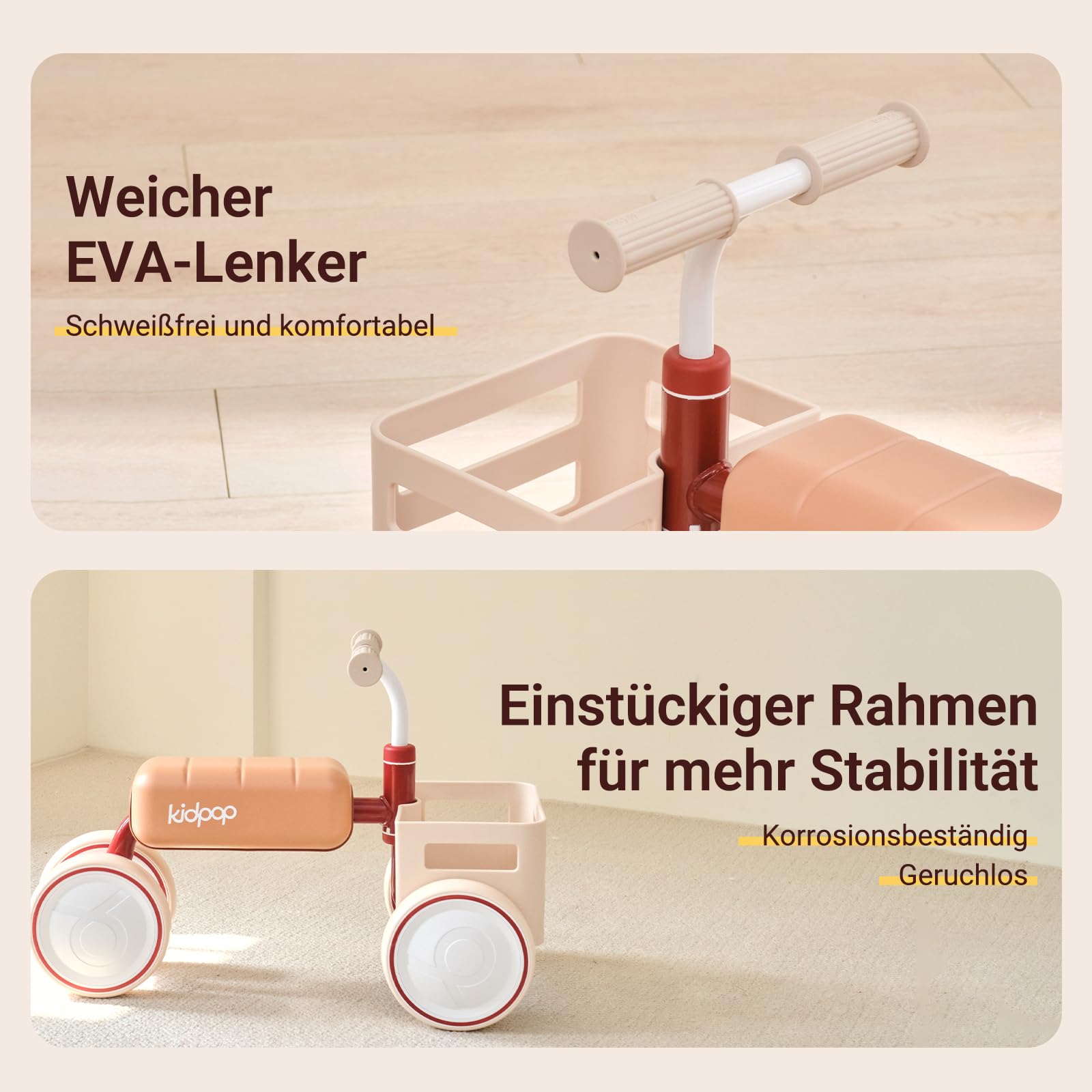 kidpop Toast Balance Bike, Baby-Lauflernhilfe, wandelbarer Schieber, Anti-Kipp-Dreieckrahmen, Abnehmbarer Sitz, Lebensmittel-sicherer Korb, Geschenke für Babys von 10 bis 36 Monaten,Beige | Roller, ausklappbar, abnehmbarer Sitz, dreieckiger Rahmen, sturzs