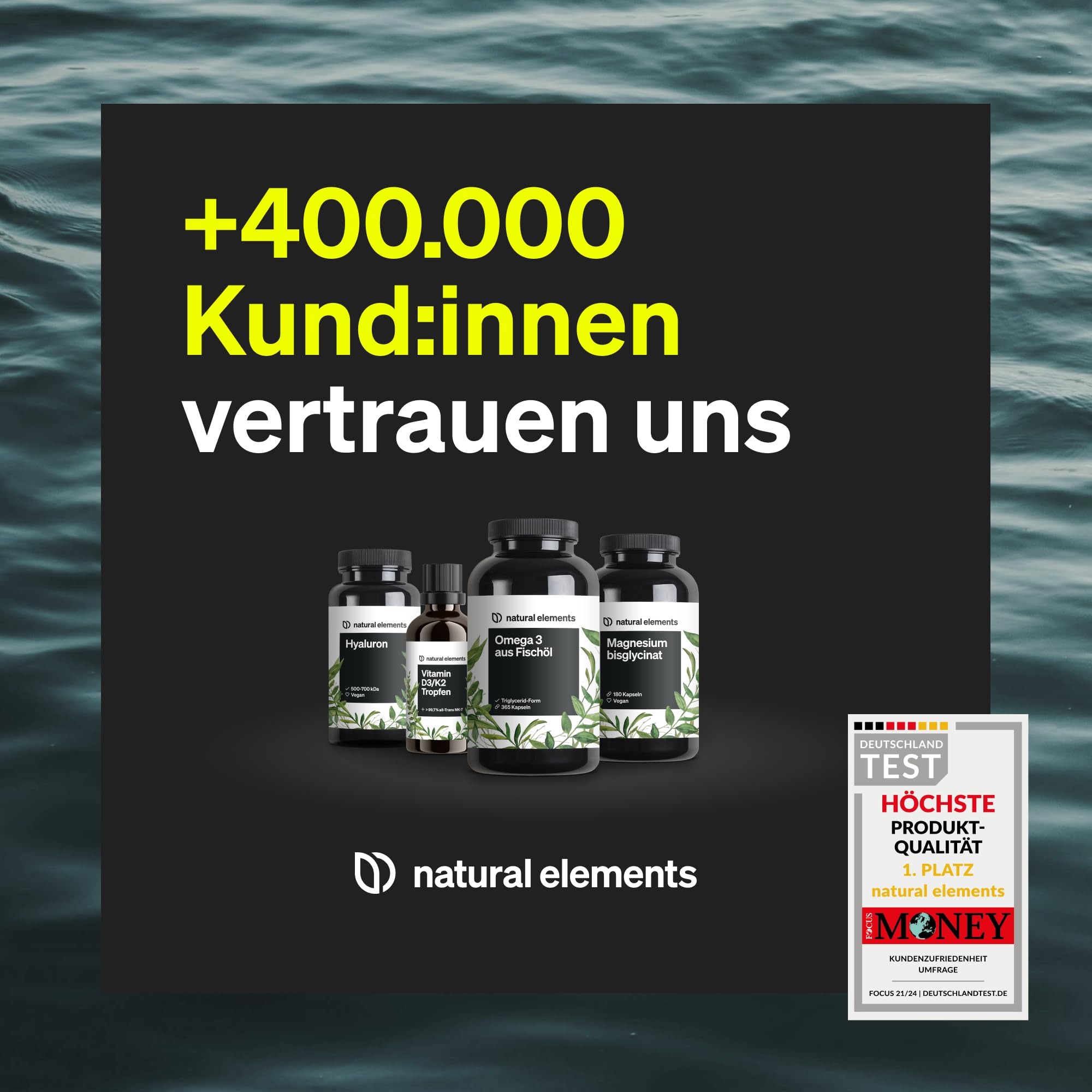 natural elements Premium Omega 3 Vegan – 60 Kapseln – 2000mg Algenöl, 800mg DHA und 400mg EPA pro Tagesdosis – Omega-3 für Veganer – hochdosiert, ohne unnötige Zusätze – laborgeprüfte Qualität