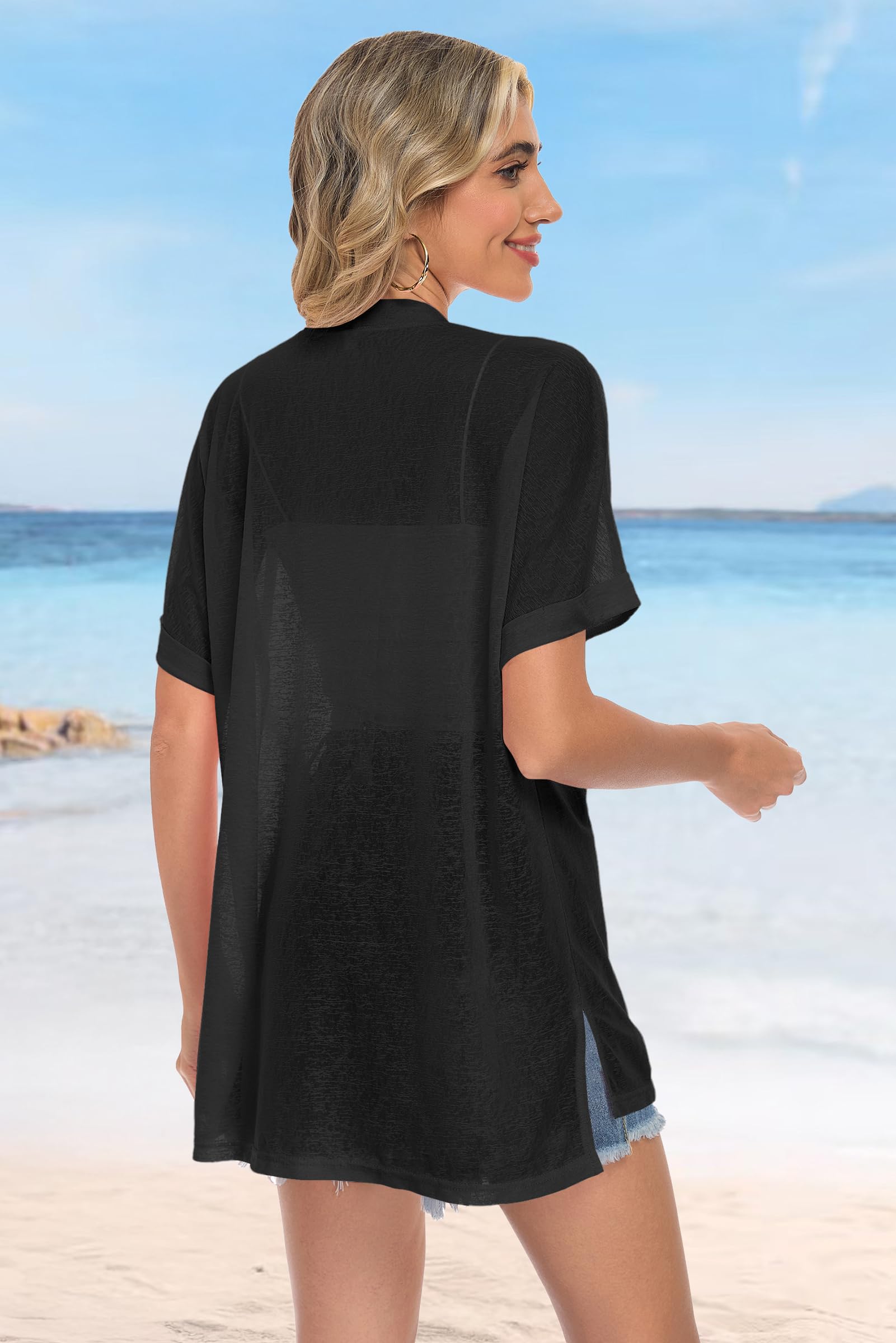 AUSELILY Damen Sommercardigan Strickjacken Strand Kurzarm Leicht Atmungsaktiv Überwurf Weich Offene Front Cardigans