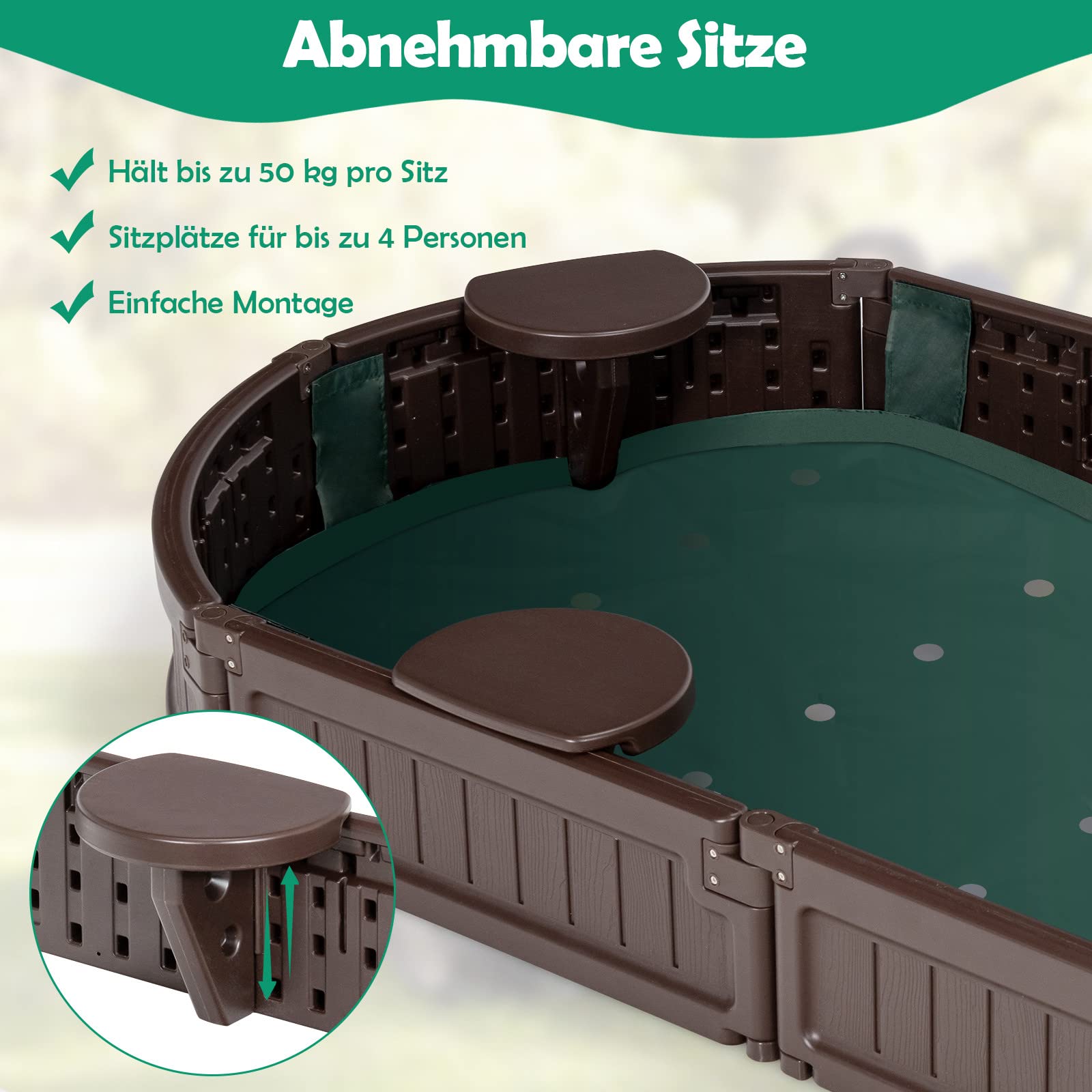 DREAMADE Sandkasten mit Abdeckung und Bodenplane, Sandbox mit Sitzecken, Sandkiste für Kinder für Garten Outdoor (Oval)