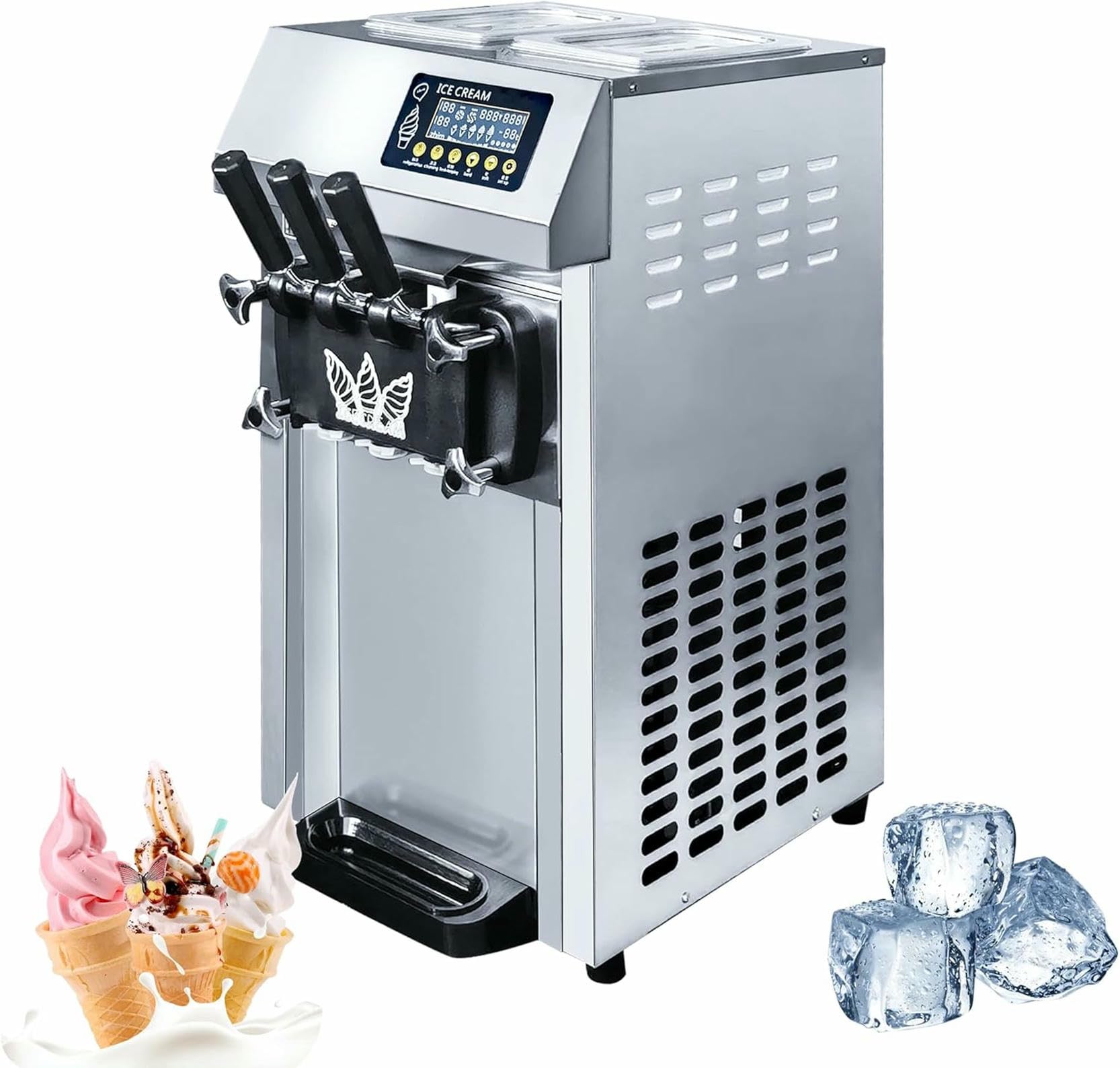 Commercial Soft Ice Cream Machine 1250W Electric Ice Cream Maker 3 Flavors Ice Cream Maker Auto Clean LCD