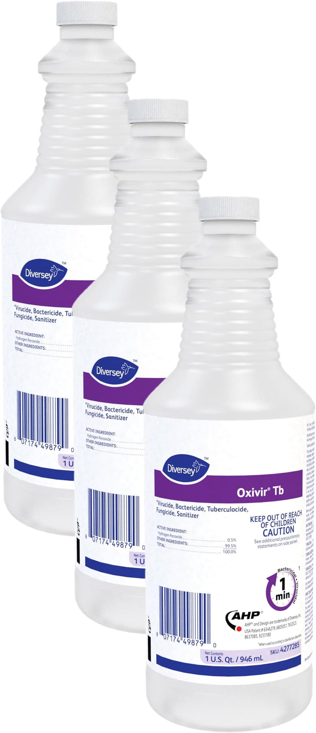 OxivirDiversey 4277285 Tb Disinfectant Cleaner, Accelerated Hydrogen Peroxide, Ready-to-Use Capped Bottle, 32-Ounce (Pack of 3)