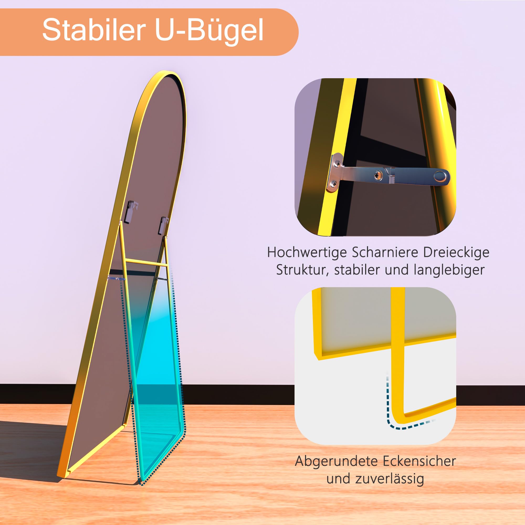 FANYUSHOW Standspiegel mit Gewölbtem Oberteil, 165 x 60 cm, Großer Bogenspiegel mit Haltbarem Glas, Wandmontierter Spiegel in Voller Länge, Angelehnt oder Frei Platziert mit Halterung,Gold
