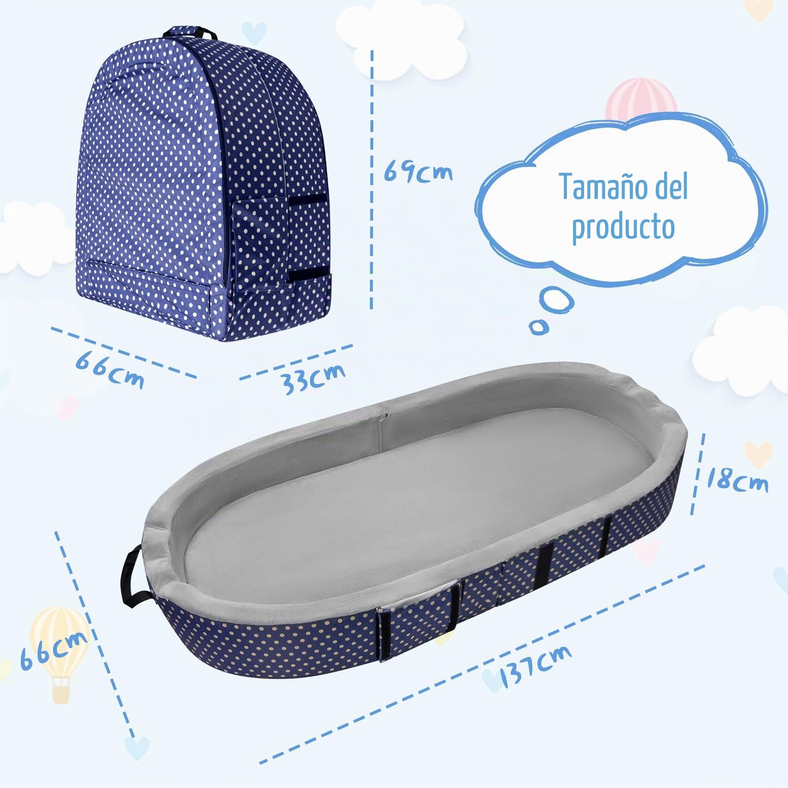 JAOGAUS Cama portatil de Viaje para niño Bebe Infantil con colchon | cana plegable de suelo para niños pequeños, cuna de viaje para niños pequeños, lavable, impermeable