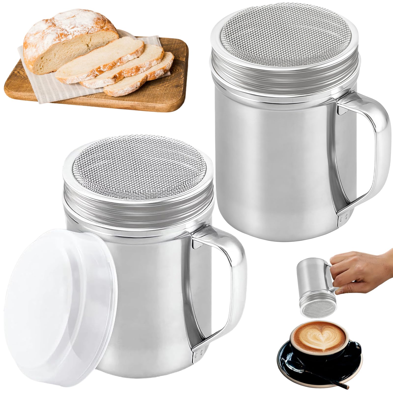 2Pcs Chocolate Shaker for Cappuccino, Flour Shaker with A Lid Stainless Steel with Handle, Condiment Jar for Kitchen and Suitable for Cocoa Flour Chocolate Shaker for Cappuccino