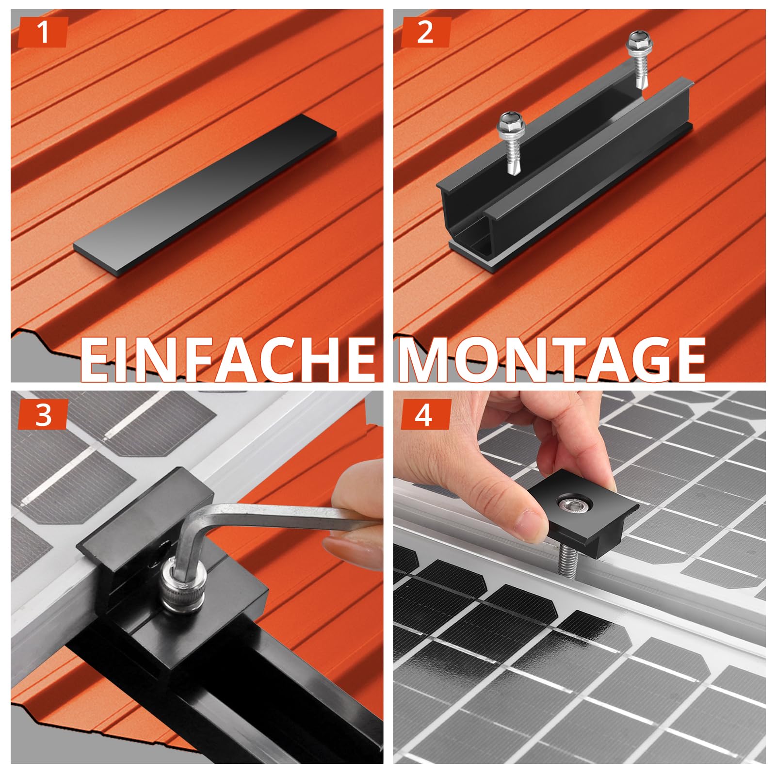 GETLITOOL Solarmodul Halterung, PV Halterung Montageset zur Montage 2 Module-12cm Alu Schiene, Verstellbare Klemme für 30-35MM Module, Solarpanel Halterung Flachdach Trapezblech Ziegeldach| Schwarz