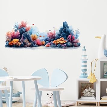 Ocean Coral Reef Wall Decals Removable Underwater Vinyl Stickers for Nursery Kids Bedroom and Playroom Decor Peel and Stick Watercolor Wall Art