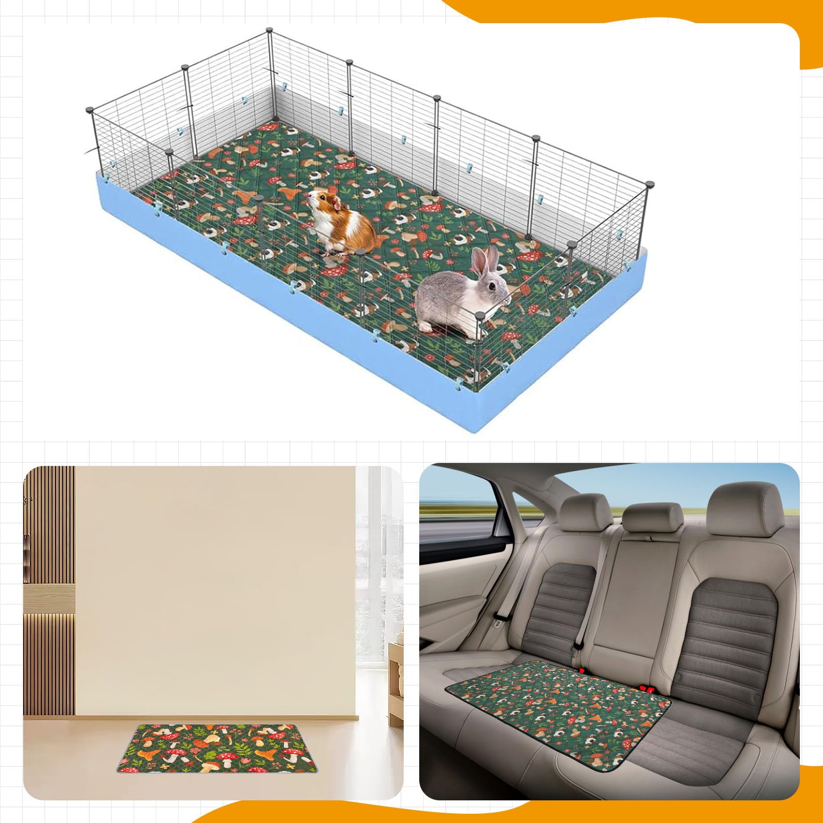 Fodera Per Gabbia Per Porcellini D'India, Lettiera Lavabile E Riutilizzabile Ad Assorbimento Rapido, Tappetino Impermeabile Antiscivolo Per Piccoli Animali Domestici (funghi verdi, 120x60cm)