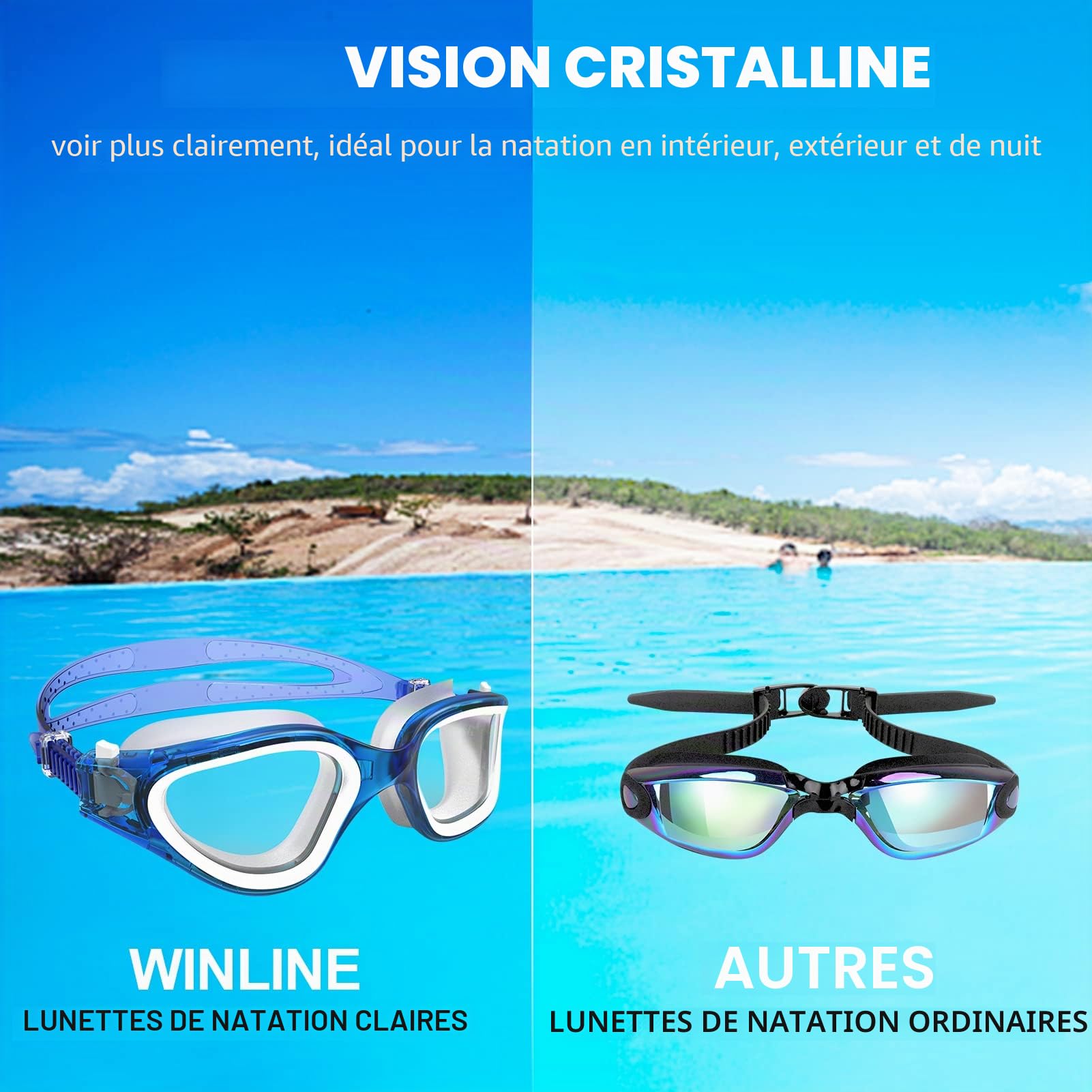 Winline Lunettes de natation à verres polarisés, Anti buée Anti UV Étanches Vision nette Réglage facile Pont souple, pour Hommes Femmes Adultes Adolescents