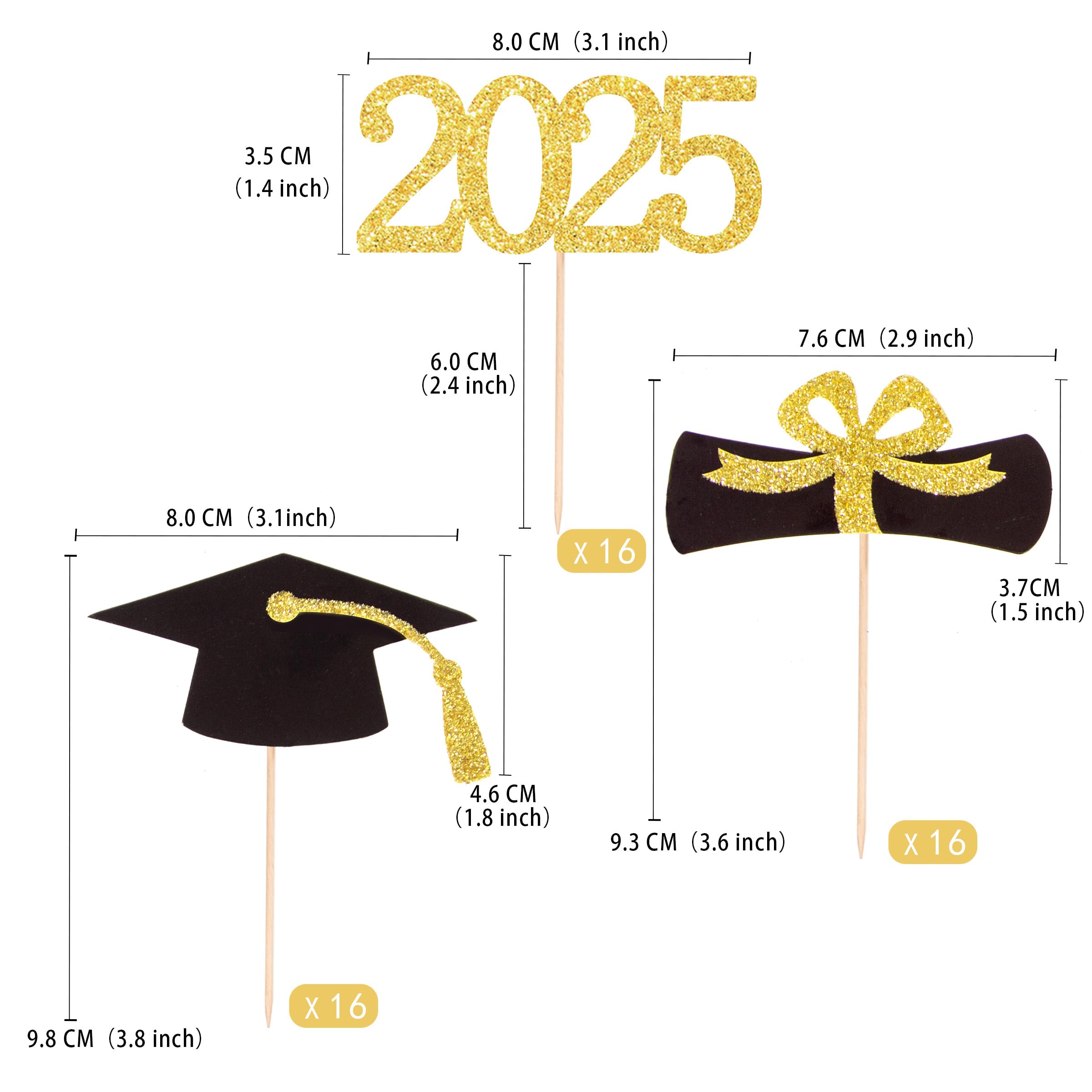 Gexolenu 48 pcs Gold DIY Cupcake Toppers, Class of 2025 Graduation Double-sided Food Picks Glitter Grad Cap for Graduation Party Supplies 2025 Graduate Party Cake Picks Decorations, set of 16