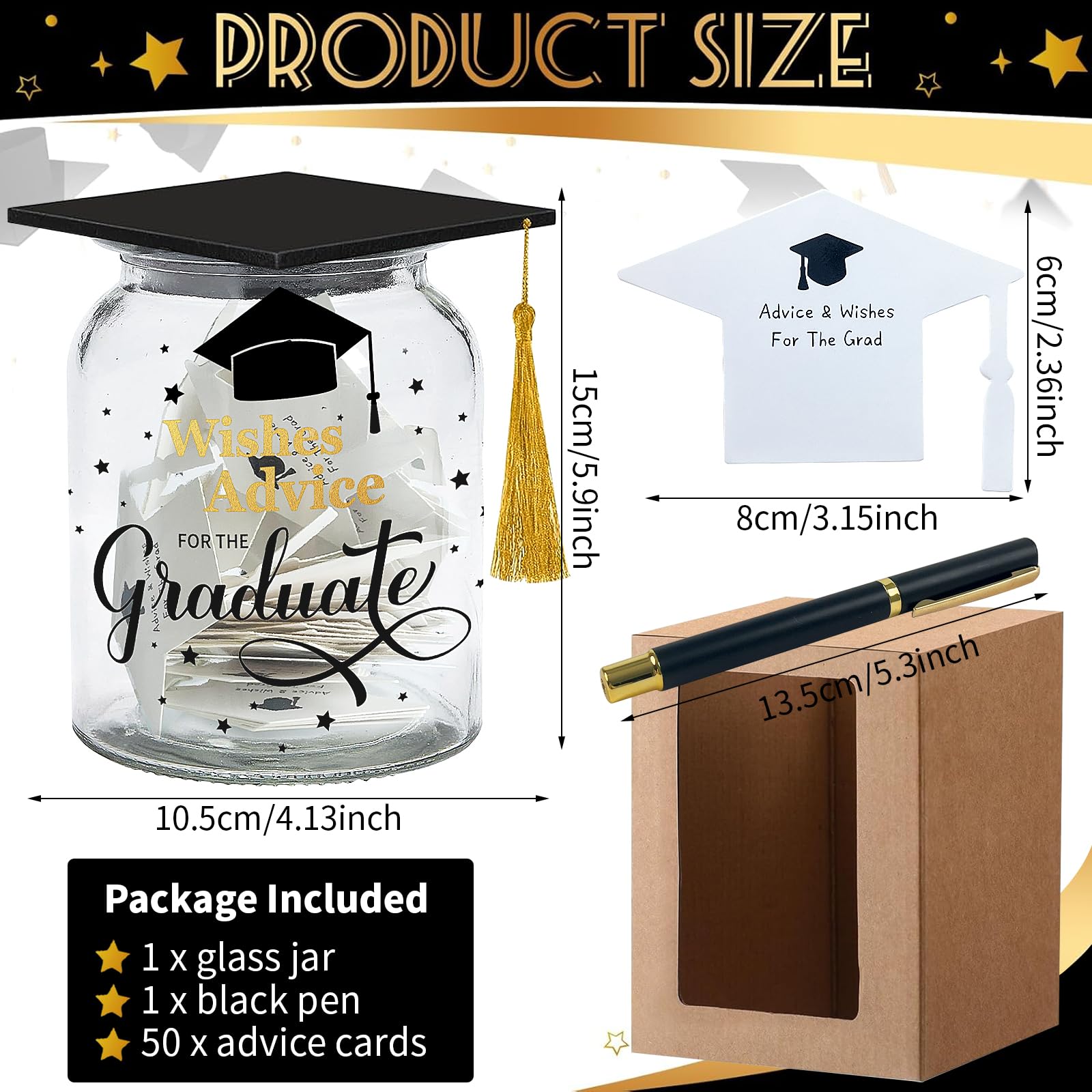 62 Pcs Graduation Memory Jar Set Class of 2025 Graduation Mason Memory Jar with 60 Wishes Advice Cards and Pen Words of Wisdom Jar for Graduate Grad Party Favors for College Senior School Gift