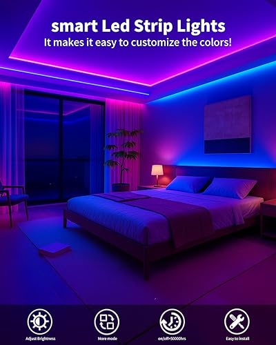 Miniatura 4 de Tira de luces LED inteligentes de 200 pies (2 rollos de 100 pies) para dormitorio, control de aplicación, iluminación, dormitorio, decoración de