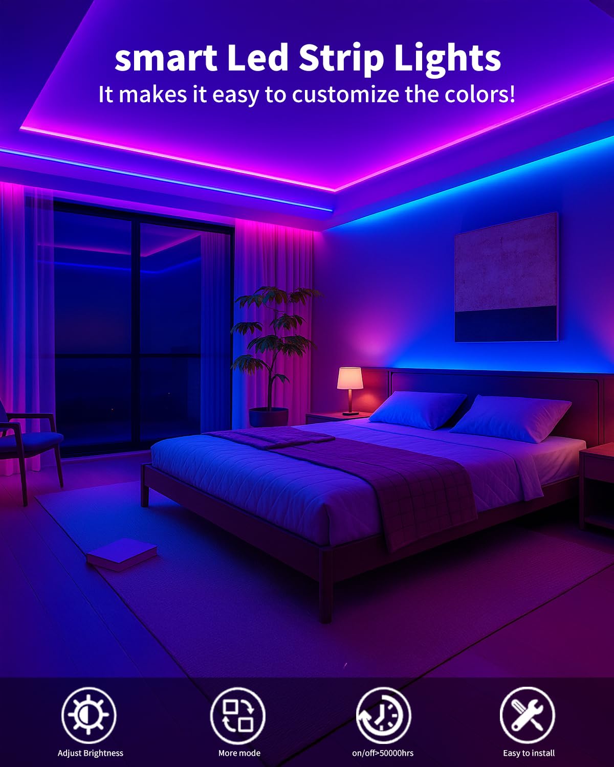 Tira de luces LED inteligentes de 200 pies (2 rollos de 100 pies) para recámara, control de aplicación, iluminación, recámara, decoración de roma, con control remoto, sincronización de música RGB que