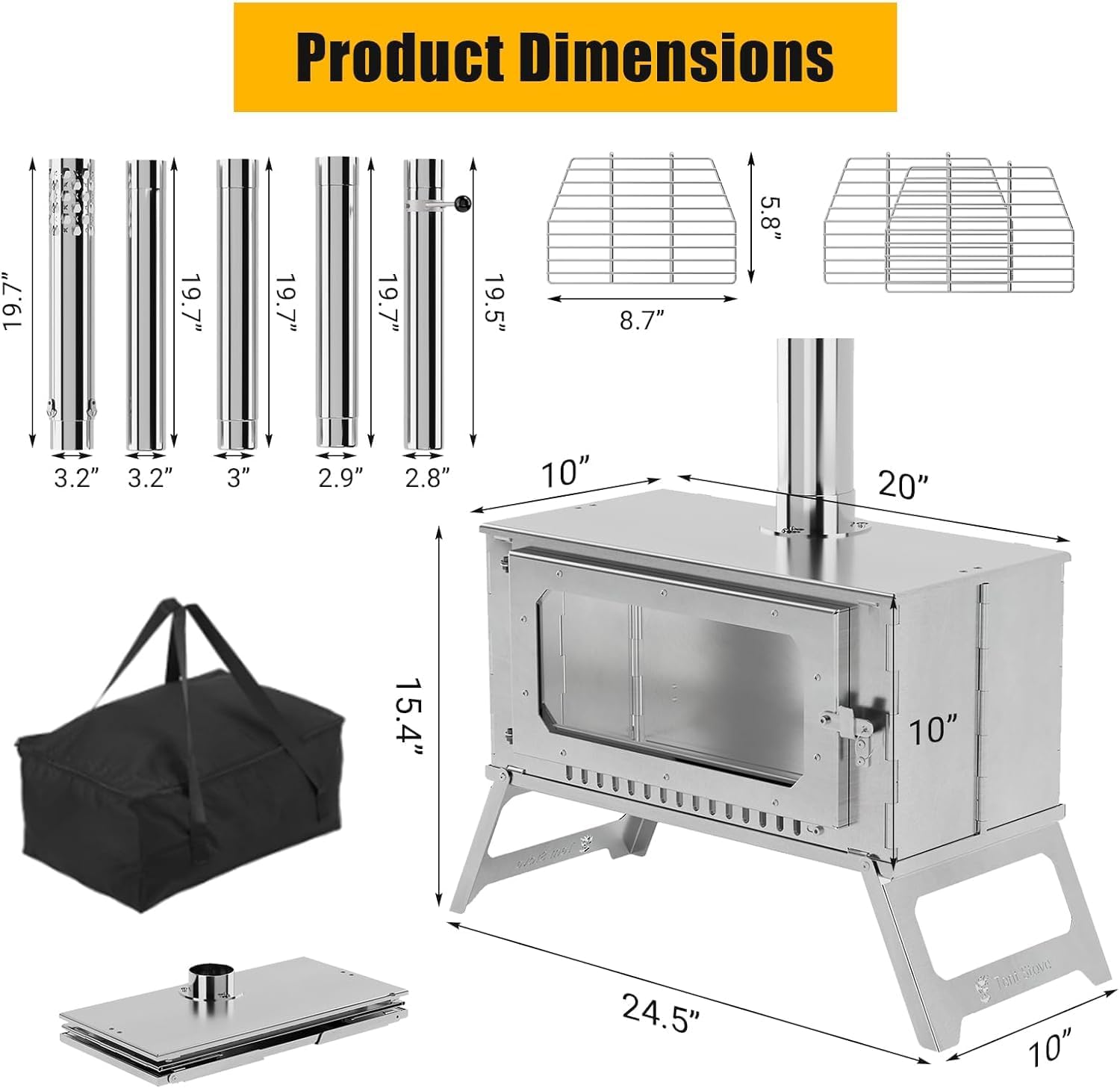 Stainless Steel Camping Tent Stove with Pipe & Bag, Portable Wood Burning Stove for Outdoor Cooking, Hot Tent, Backpacking, Firewood, Folding Camp Wood Stove for Camping with Grill