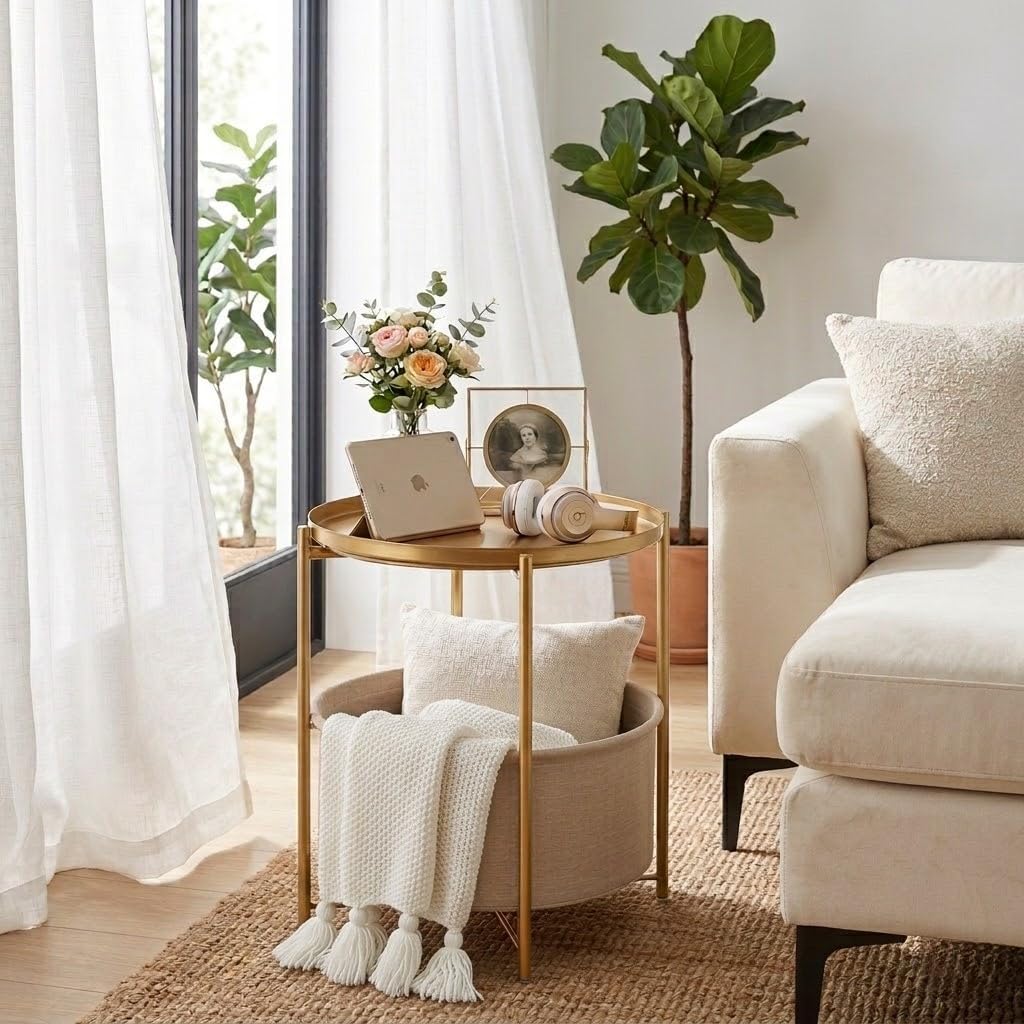 danpinera Beistelltisch Rund, Beistelltisch Gold mit Stauraum, Kleiner Tisch für Nachttisch, Rund Metall Kleiner für Wohnzimmertisch, Schlafzimmer, Kinderzimmer, Gold