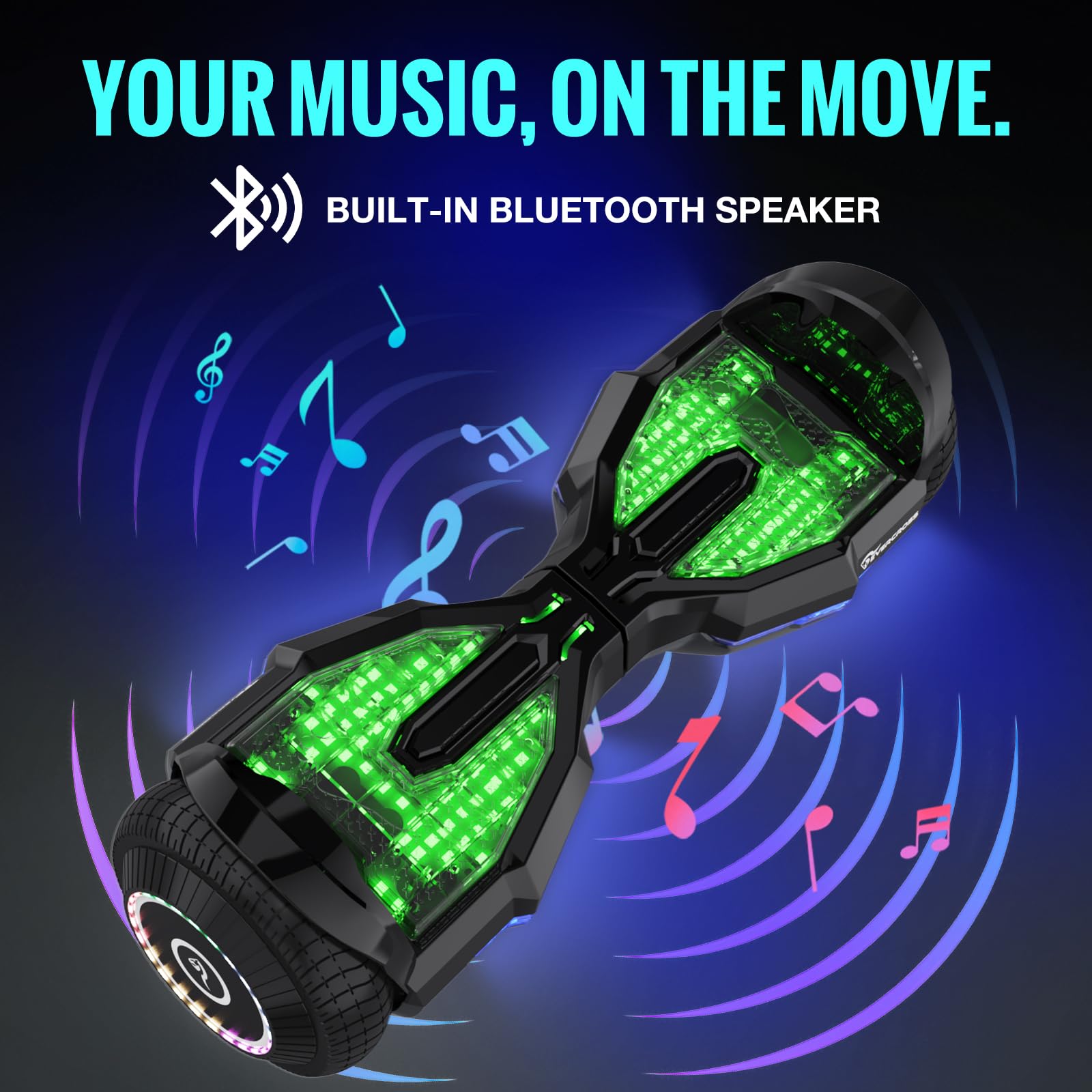 EVERCROSS EV2 Hoverboards con Asiento - 5.2 Ah Batería, 15 km/h, Música Bluetooth, Luces de Pedal de 7 Colores, Carga máxima 85 kg, Hover Board con Hoverkart para Niños, Adolescentes y Adultos Negro