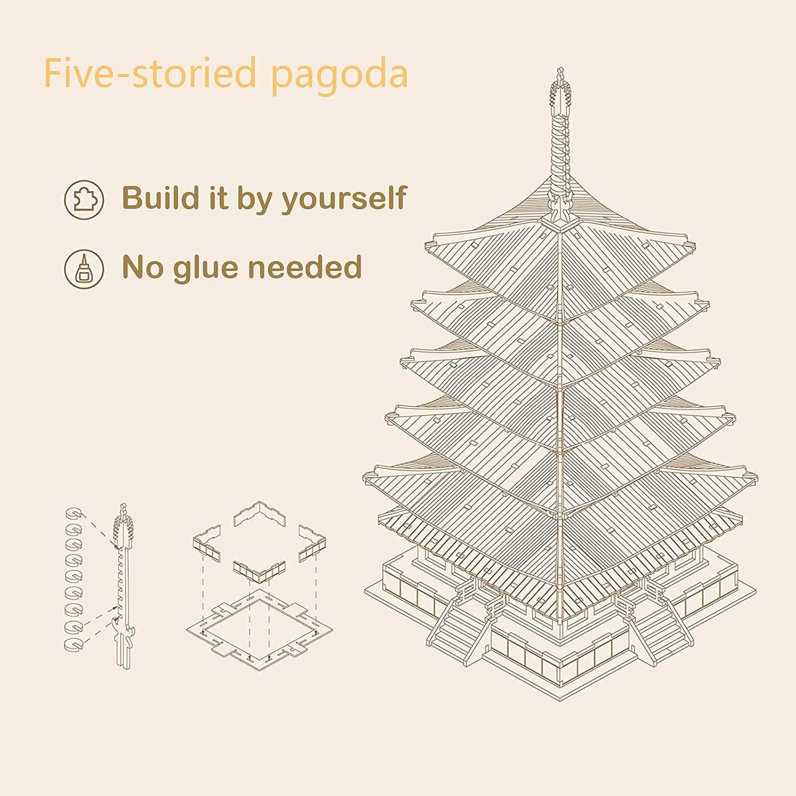 ROBOTIME Puzzle 3D in Legno Taglio Laser Kit Costruzione Legno Meccanico per Adulti Cinque Piani Pagoda Rompicapo Modellini Kit Giocattoli Educativi