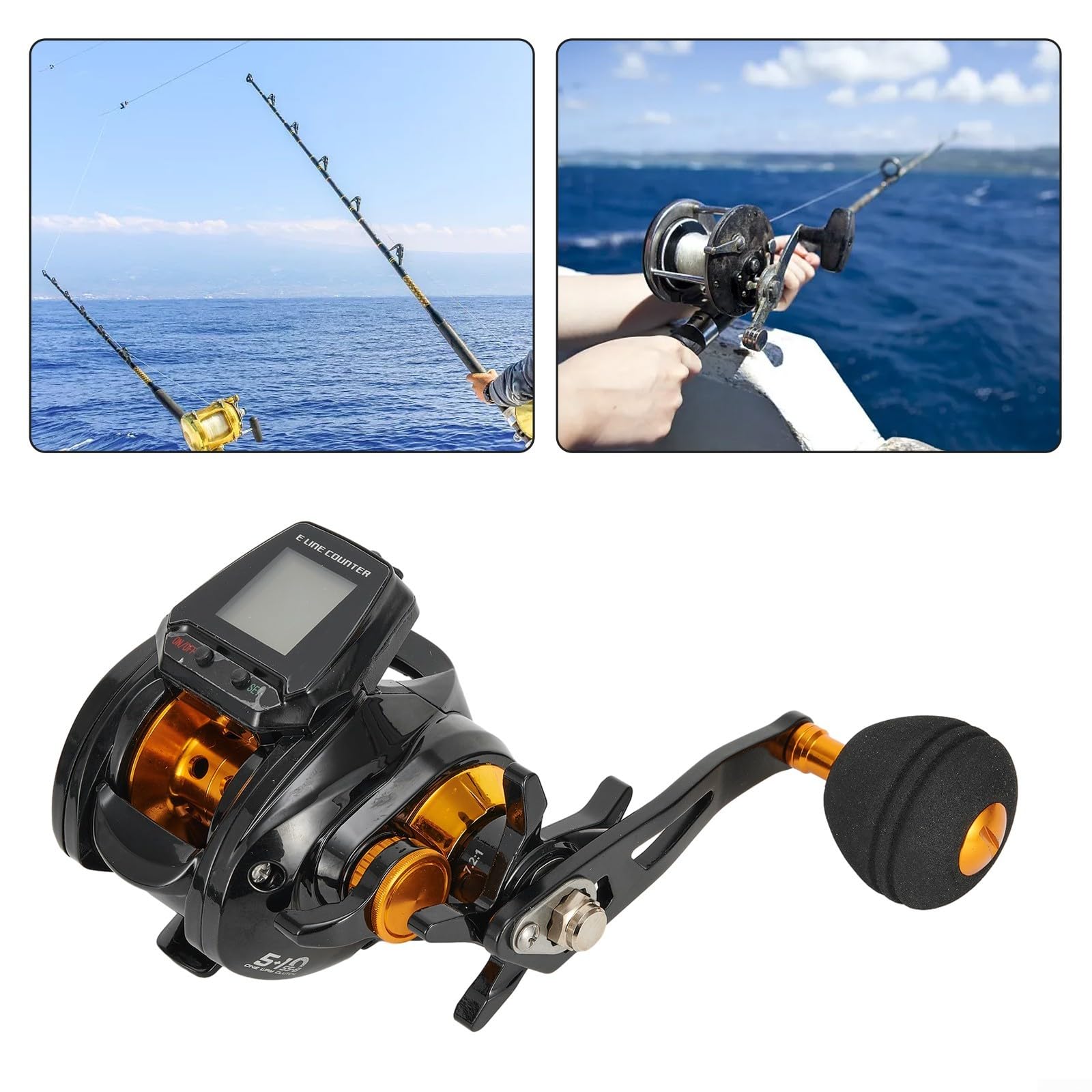 Oceanlend Moulinet de pêche électrique rechargeable avec compteur de ligne, grand écran numérique, pour rafting et pêche à l'appât
