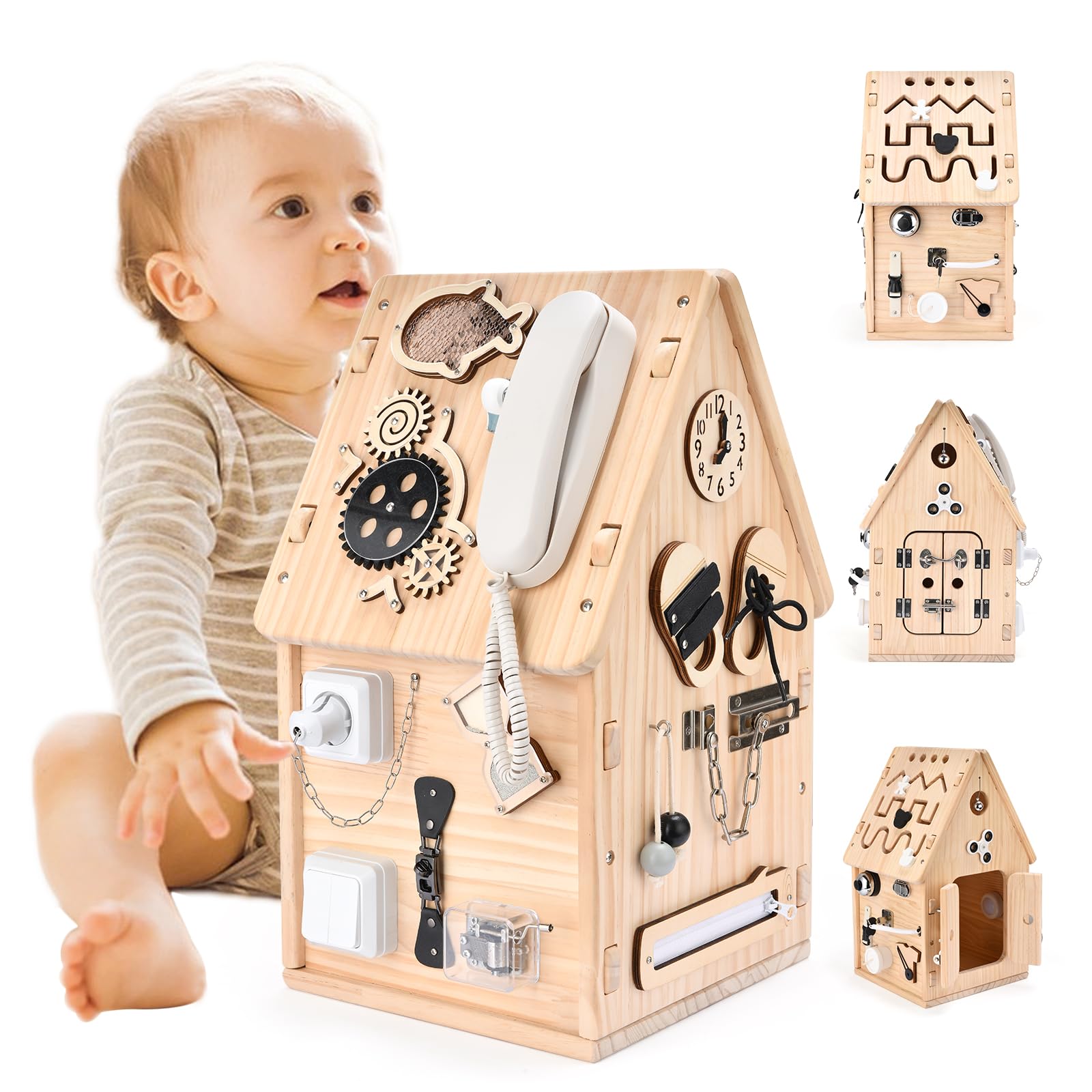 Montessori Drewniany Busy House Tablica Manipulacyjna Zabawka dla Małych Dzieci, Przedszkolna Zabawka Edukacyjna, Tablica Sensoryczna do Rozwoju Motoryki Małej, Prezent dla Chłopców i Dziewczynek