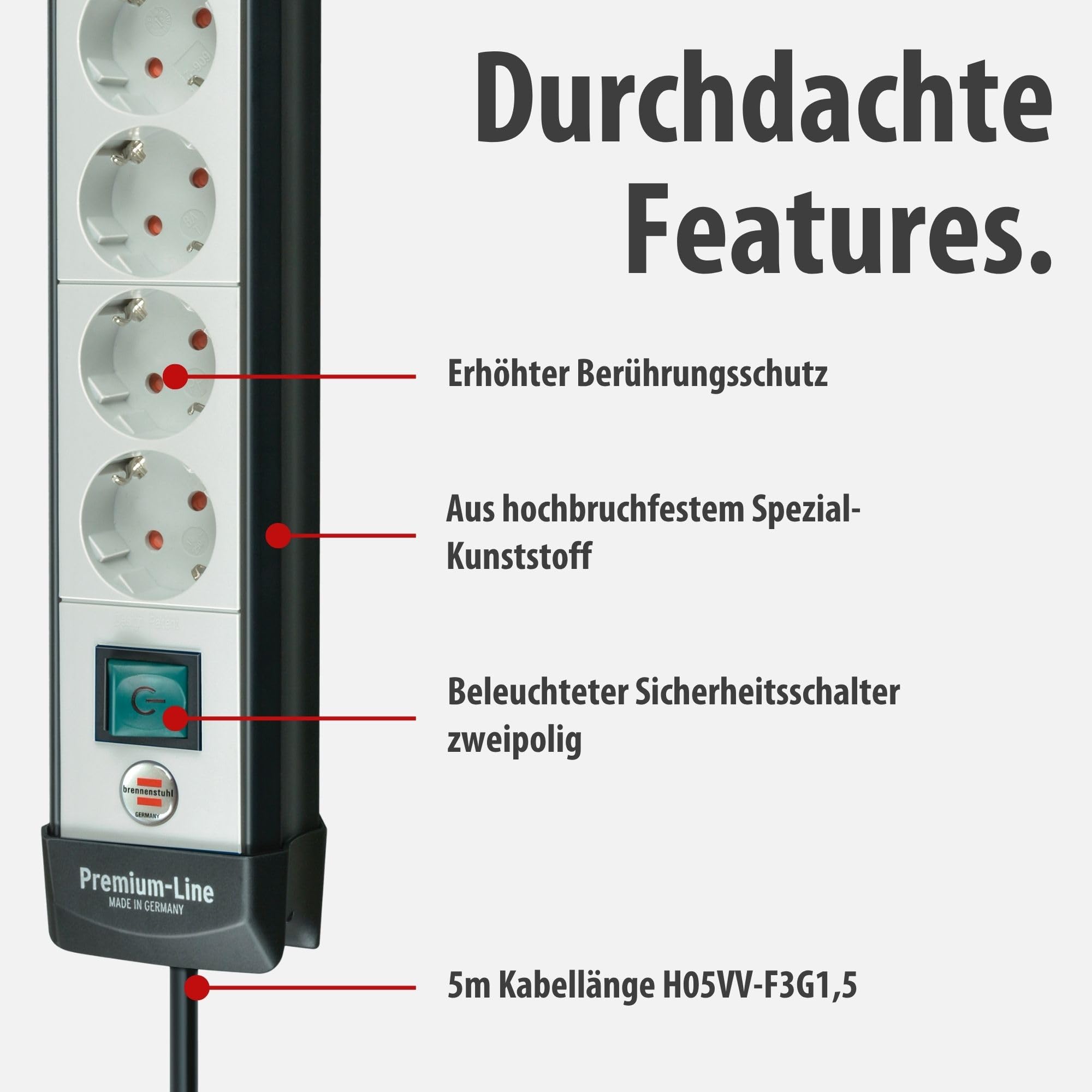 Brennenstuhl Premium-Line regleta de enchufes con 6 Tomas de Corriente (Cable de 5m, con Interruptor, montable, Fabricado en Alemania) Negro/Gris (Paquete de 2)