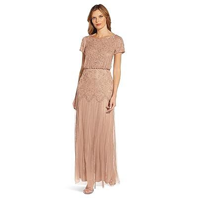 Adrianna Papell Boat Neck Short Sleeve Blouson Beaded Gown Women