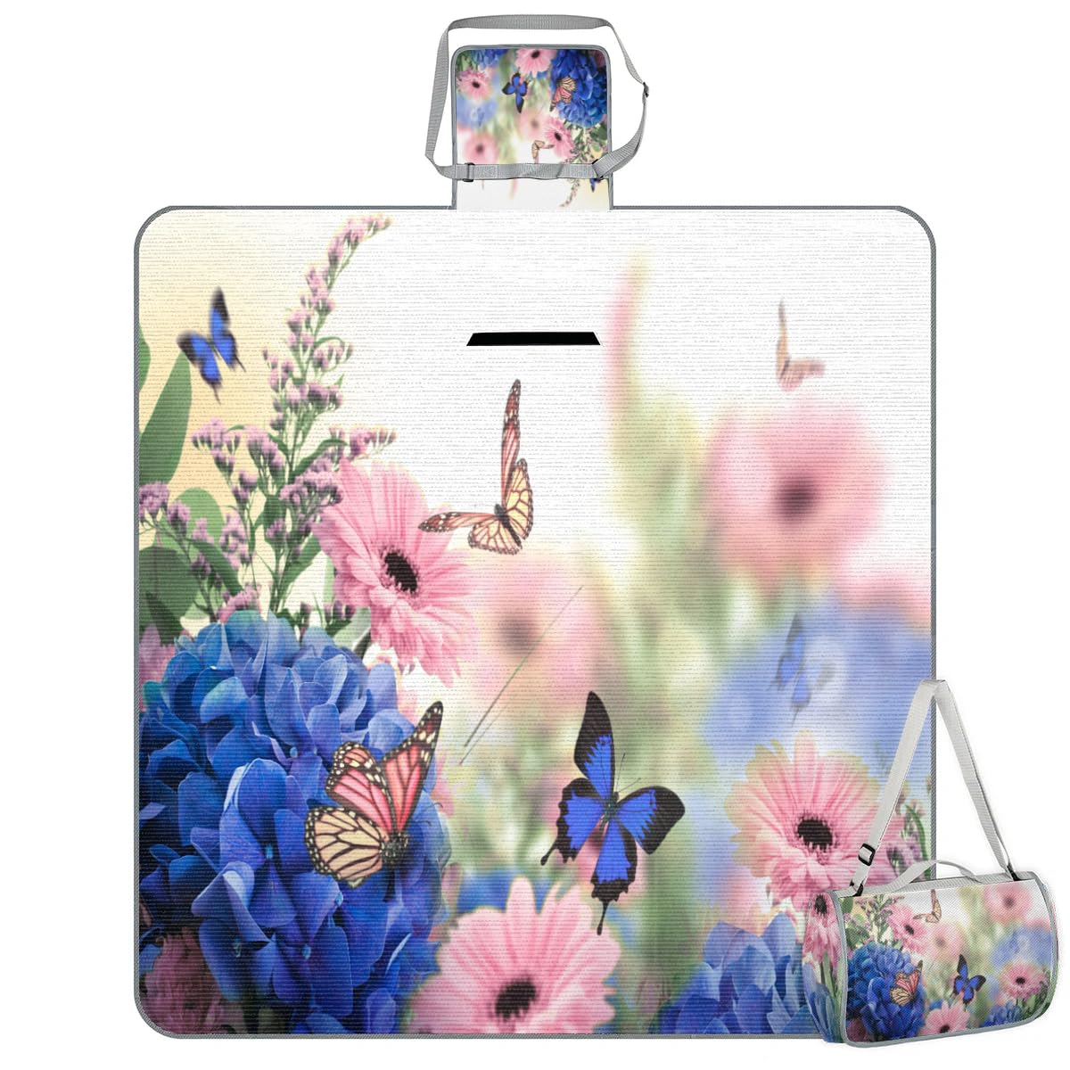 Mantas de picnic de 150 x 145 cm, manta de playa plegable con flores y mariposas para exteriores, impermeable, para playa, camping, senderismo, picnic