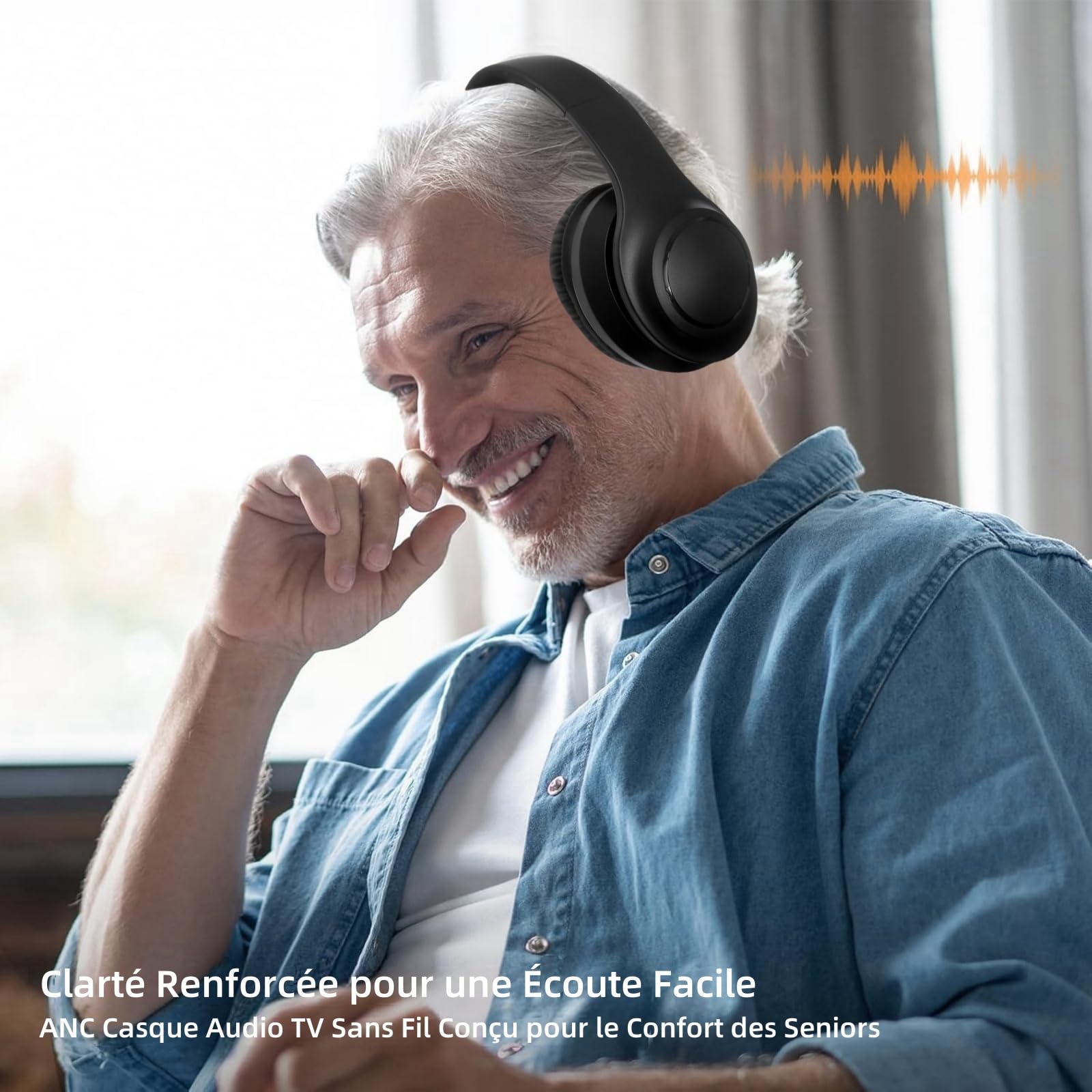 Casque TV sans fil pour personnes âgées, casque pliable sans fil avec refroidissement actif du bruit, casques TV avec émetteurs, Bluetooth 5.3, 35 heures de lecture, son Hi-Fi, microphone intégré