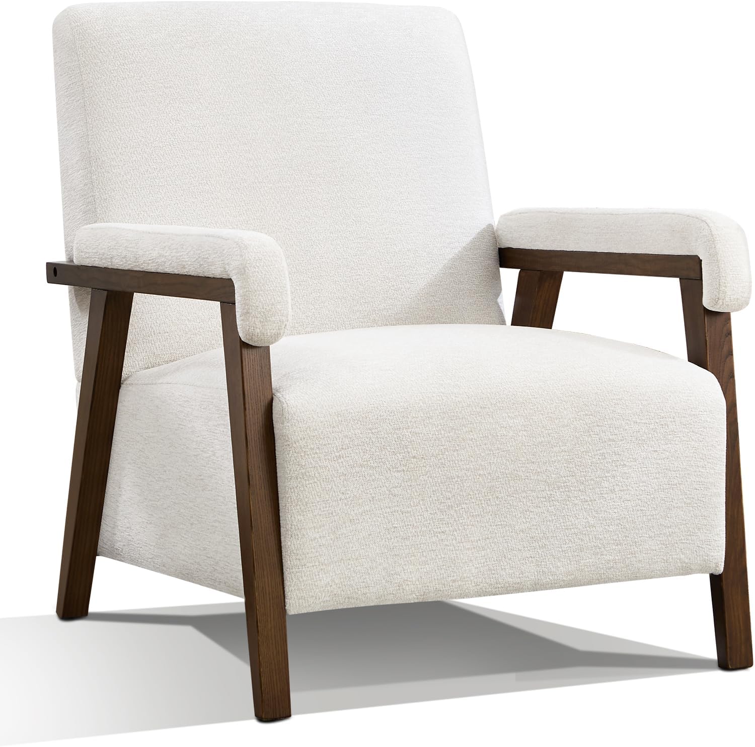 Mid Century Modern Accent Chair, Upholstered Armchair with Thick Seat Cushion and Solid Wood Frame, Thick and Comfy Innerspring Seat Cushion, Short Plush Fabric Arm Chair for Living Room(1,White)