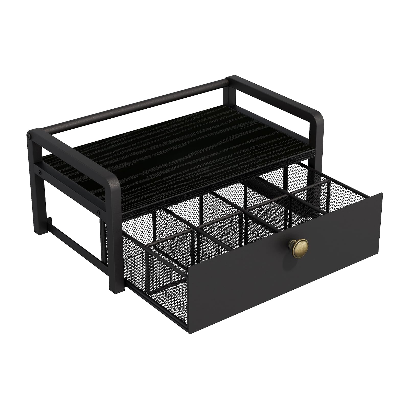 YINMIT Boîte de rangement pour sachets de thé, avec tiroir à 8 compartiments | Boîte à thé en bois et métal et coffre de rangement, organisateur de station à thé pour comptoir de cuisine, noir