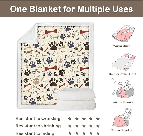 Miniatura 5 de Sleepwish Manta de forro polar con estampado de patas y huesos de perro para niños, manta sherpa de felpa suave de color amarillo claro para sofá,