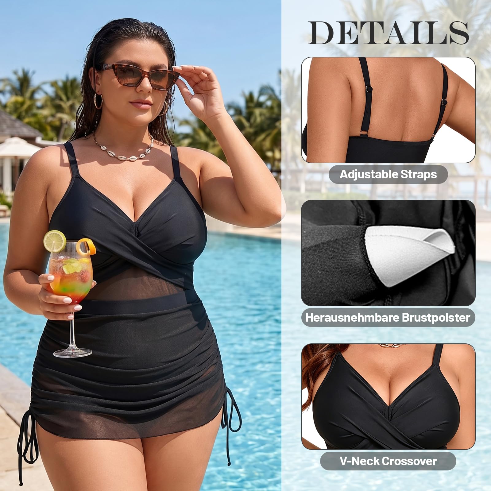 SEDEX Badeanzug Damen Bauchweg Große Größen V-Neck Mesh Shape Monokini Crossover Push Up Einteiler Schwimmanzug Verstellbare Träger Sexy Strandmode Badekleid Curvy