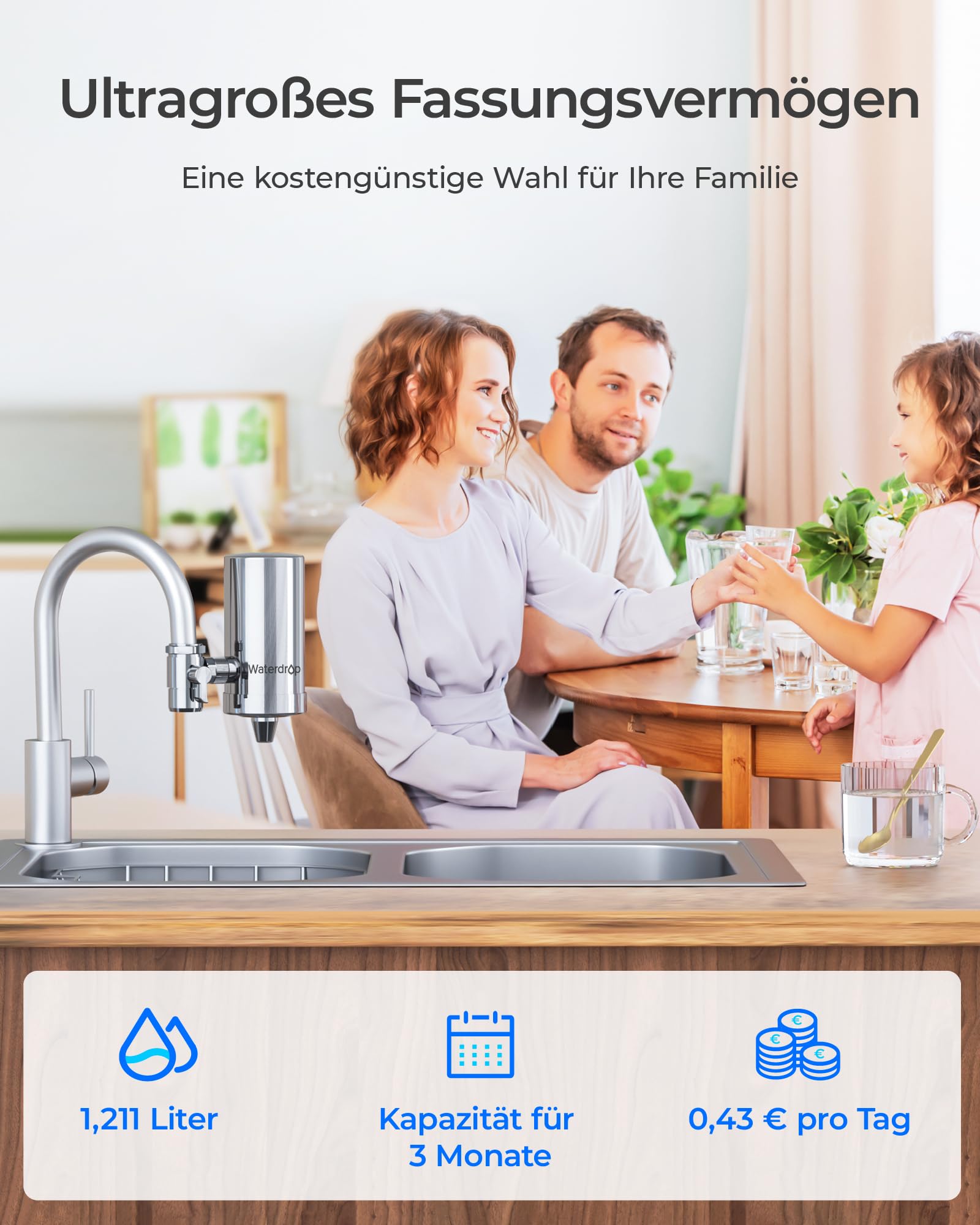 Waterdrop WD-FC-06 Wasserhahn aus Rostfreiem Stahl, Kohleblock Wasserfiltersystem, Leitungswasserfilter, Entfernt Chlor, Schwermetalle und Schlechten Geschmack (4 Filter Enthalten)