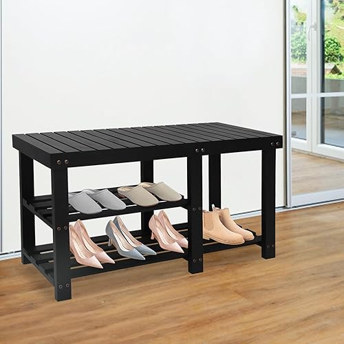 Miniatura 7 de Acehome Zapatero de entrada de 3 niveles con asiento, banco de zapatos de 33.6 pulgadas con almacenamiento, organizador de zapatos de madera,