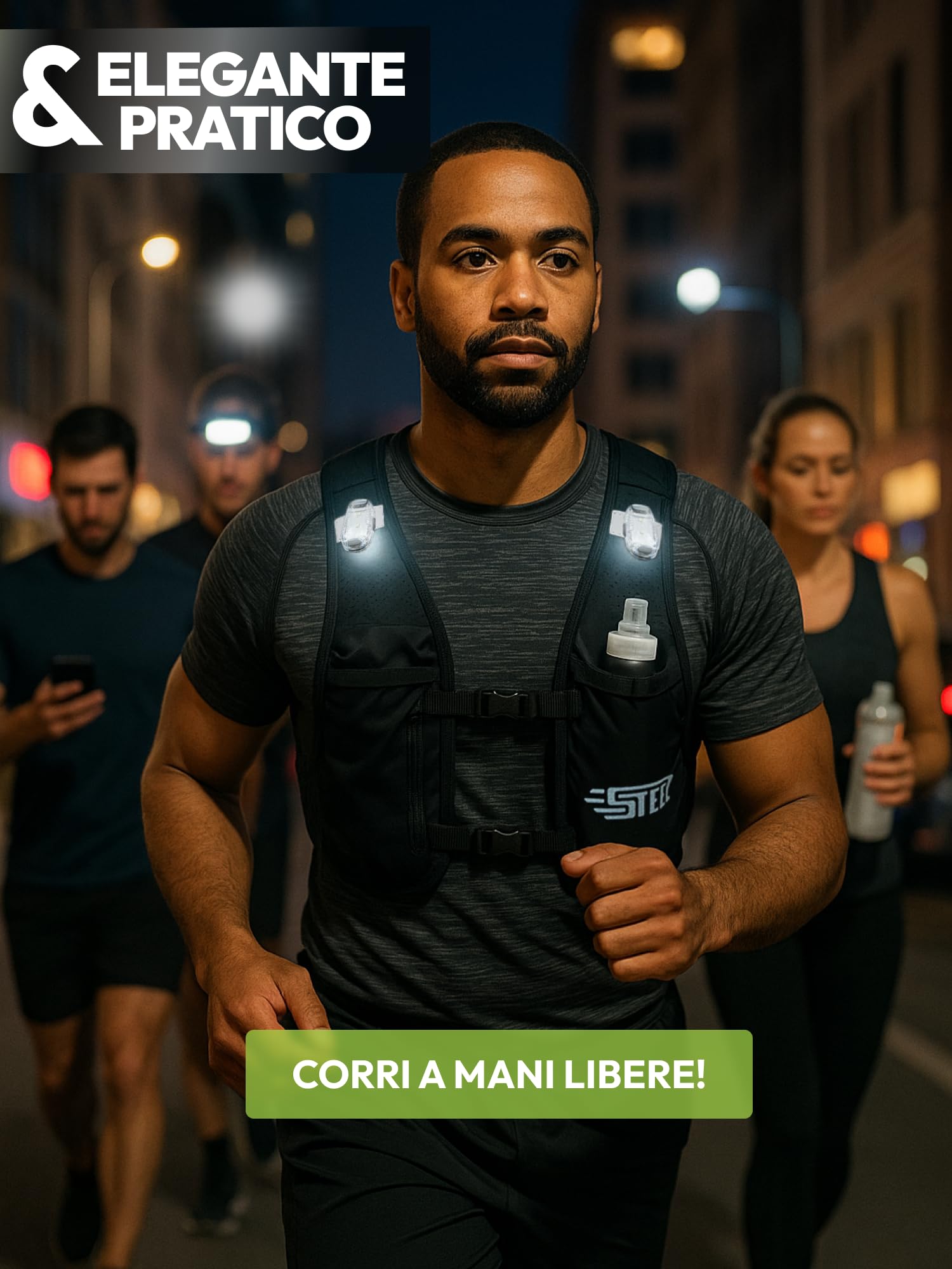 Giubbotto Running Idratante Riflettente LED Recheargeable, Porta Bottiglia d'acqua Regolabile, Gilet leggero, Borraccia Idratante 500 ML per Escursionismo, Trail