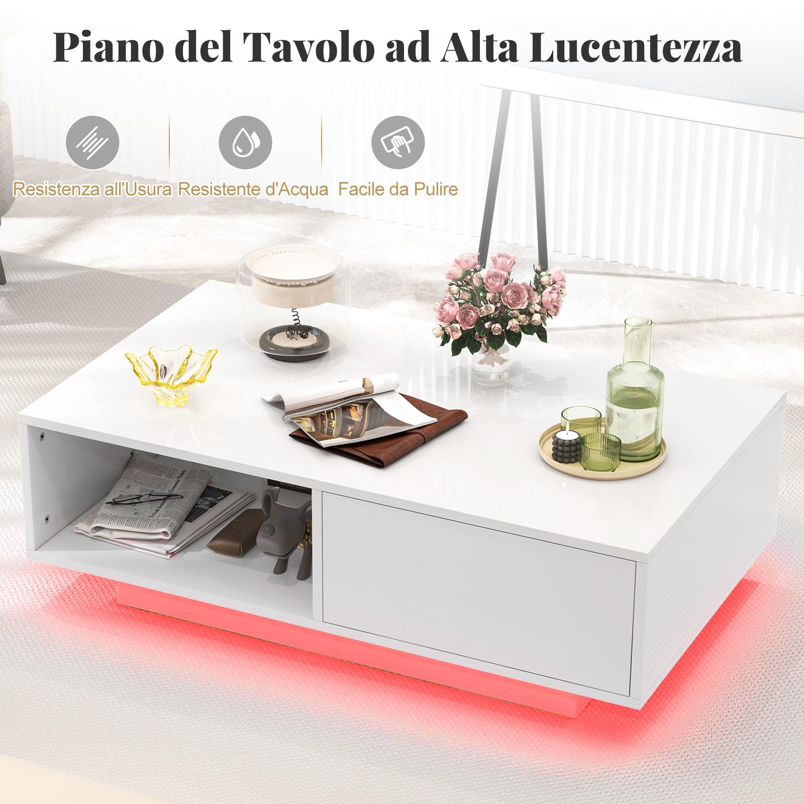 RELAX4LIFE Tavolino da Caffè Moderno 95x55x31cm, con 20 Luci LED Regolabili e Telecomando, in Legno con Finitura Lucida, Cassetto a Pressione e Ripiano Aperto, per Soggiorno, Max 65kg (Bianco)