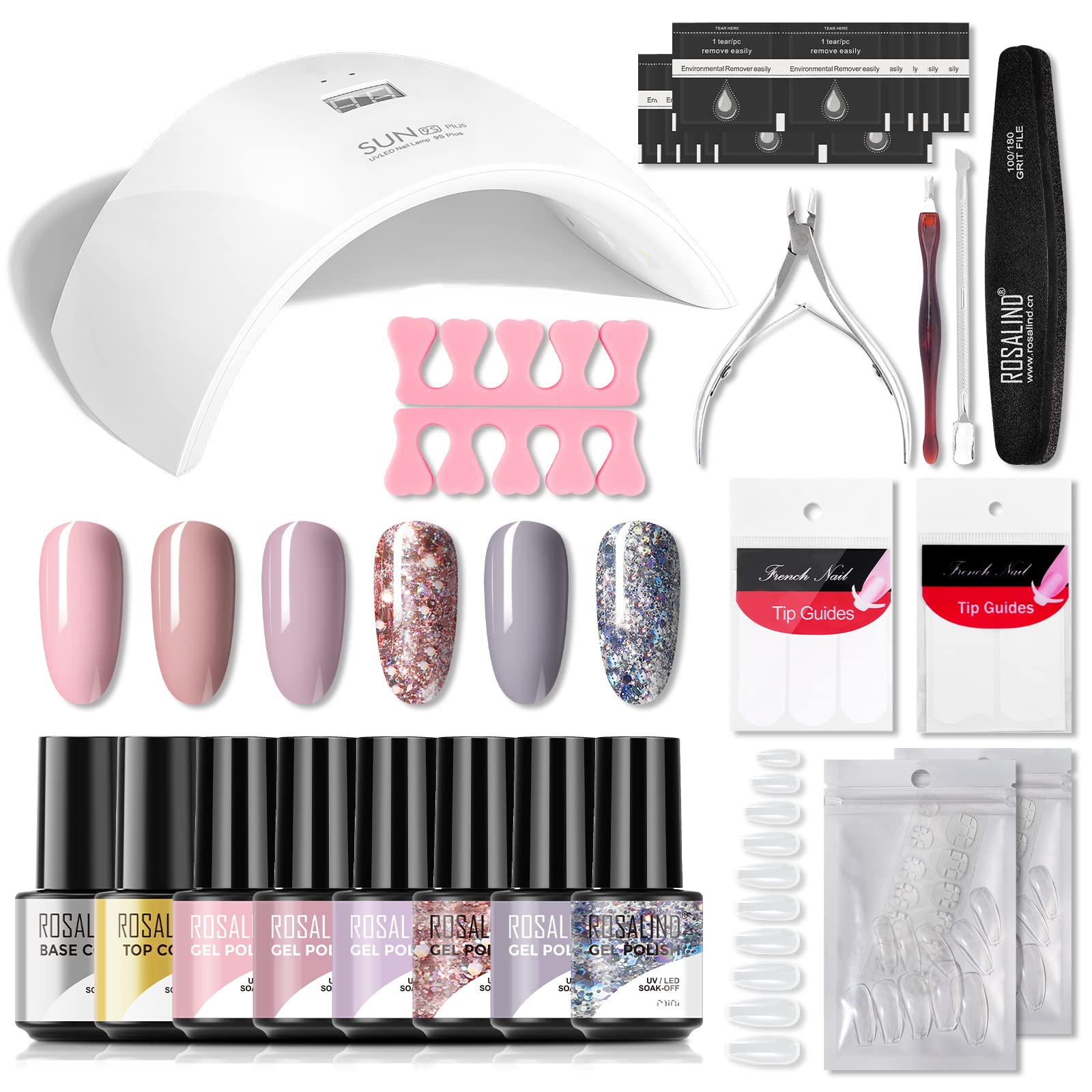 ROSALIND kit uñas semipermanentes Lámpara LED UV para Uñas 36w, Completo Esmaltes Semipermanentes Kit Profesional Gel 6 Colores y Mini 1x Base 1 x Top Coat Gel Manicura Pedicura Kit