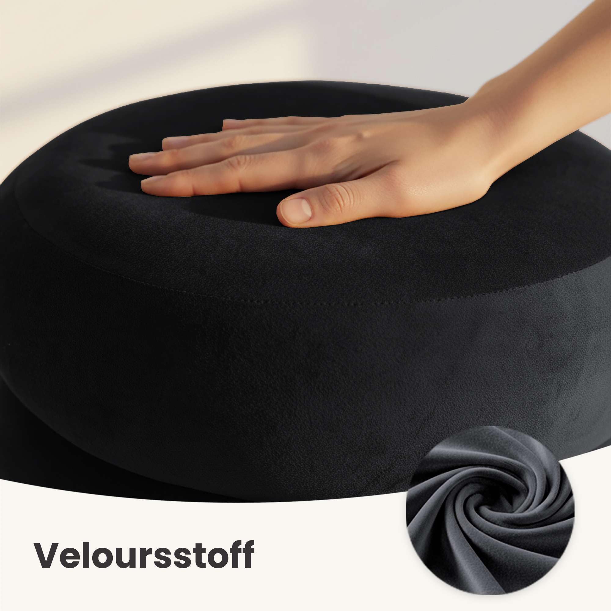 AKORD Sitzhocker aus Samt mit Stauraum SNUGGO 42 cm, Fußstütze Rund, Polsterhocker für Schminktisch, Schlafzimmer, Wohnzimmer Möbel, Make-up-Hocker, Gepolstert, Schwarz