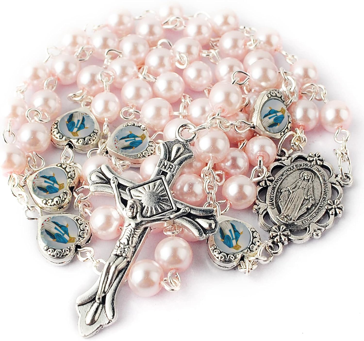 HanlinCC Glass Pearl Beads with Miraculous Epoxy Heart Metal Beads Rosary Necklace pack in Velvet Gift Bag with Rosary Pray Card - Image 4