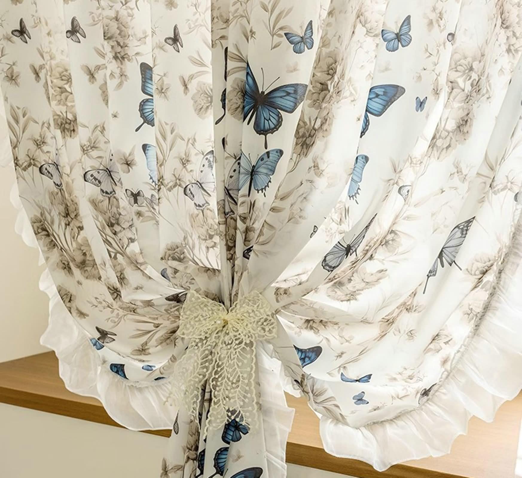 Przezroczyste firanki, Vintage Zasłona okienna Niebieski Motyl Drukowane 2 Panele 96W x 160L cm
