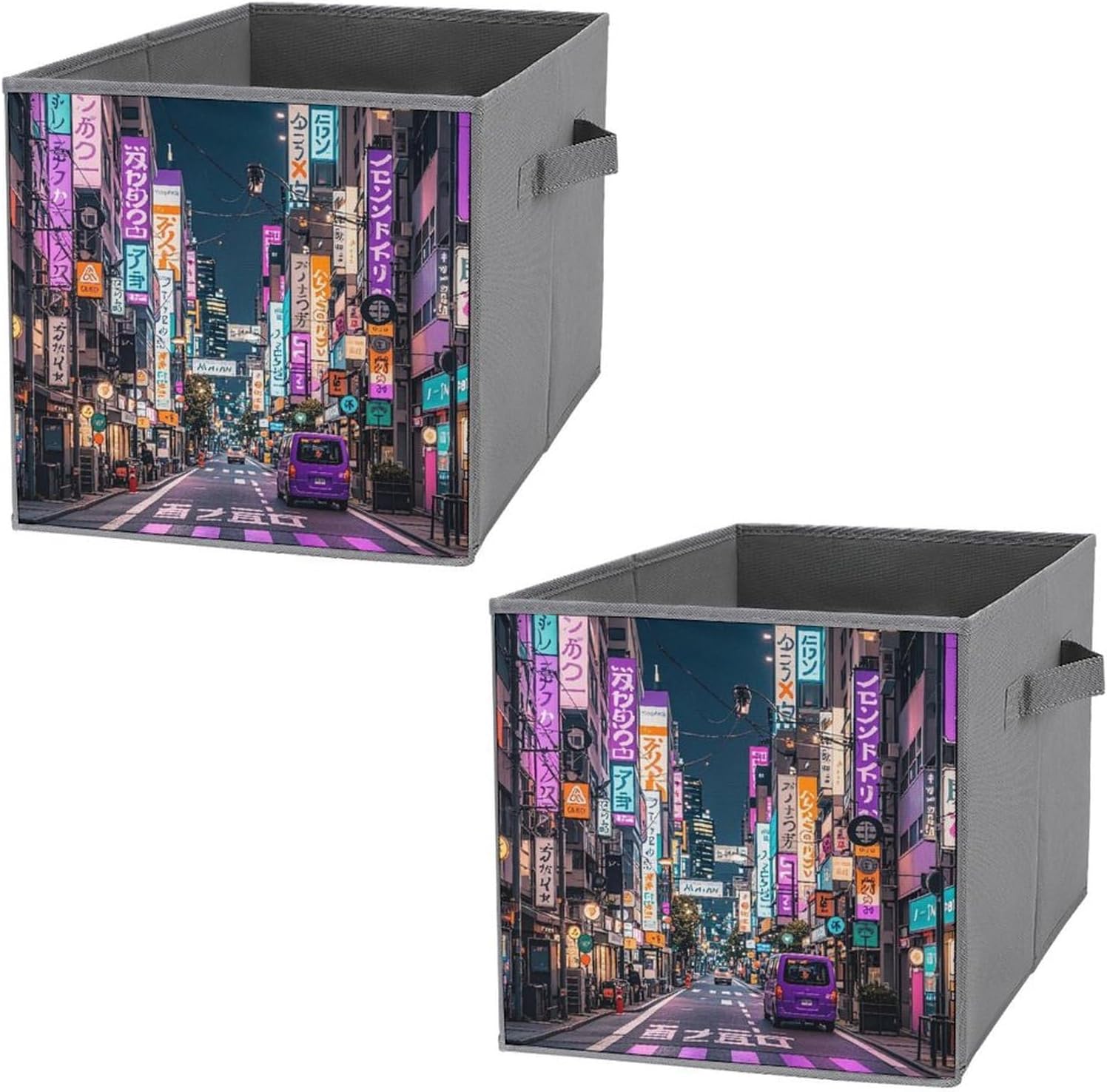 Purple Tokyo Streets Foldable Storage Box with Handles, Durable Oxford Storage Cubes, 2PCS Collapsible Closet Organizer for Home, Shelf, Office, Travel