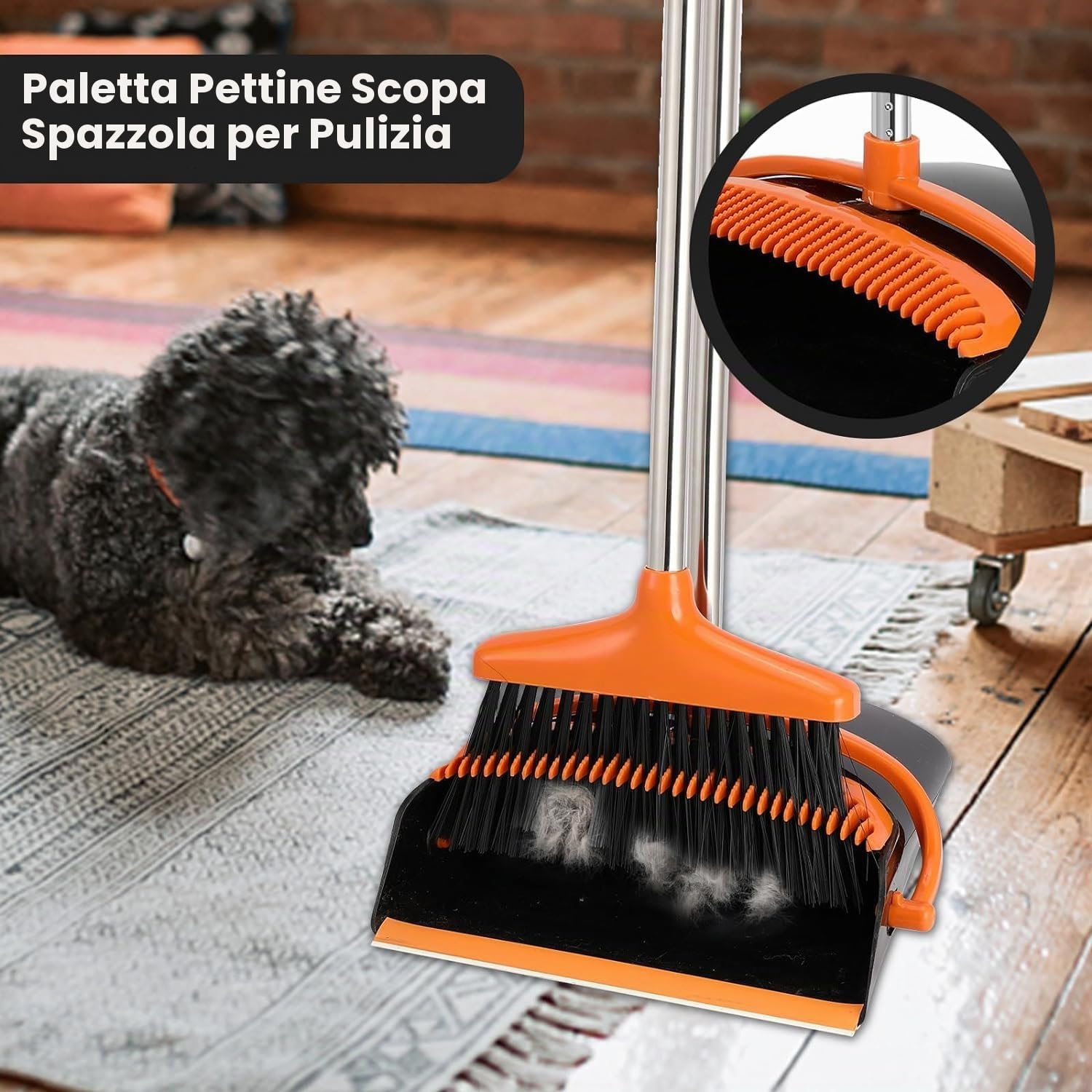 Set di scope e paletta, con manico lungo, manico allungabile, paletta verticale, Broom and Dustpan, per interni ed esterni, garage, cucina, ufficio