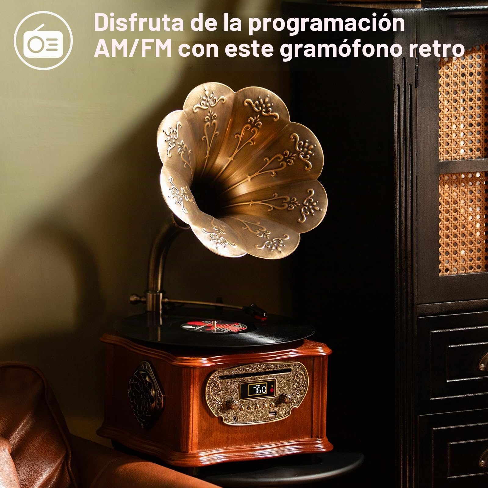 Gramófono retro negro, tocadiscos con Bluetooth, fonógrafo y reproductor de CD, radio FM, control mediante mando a distancia