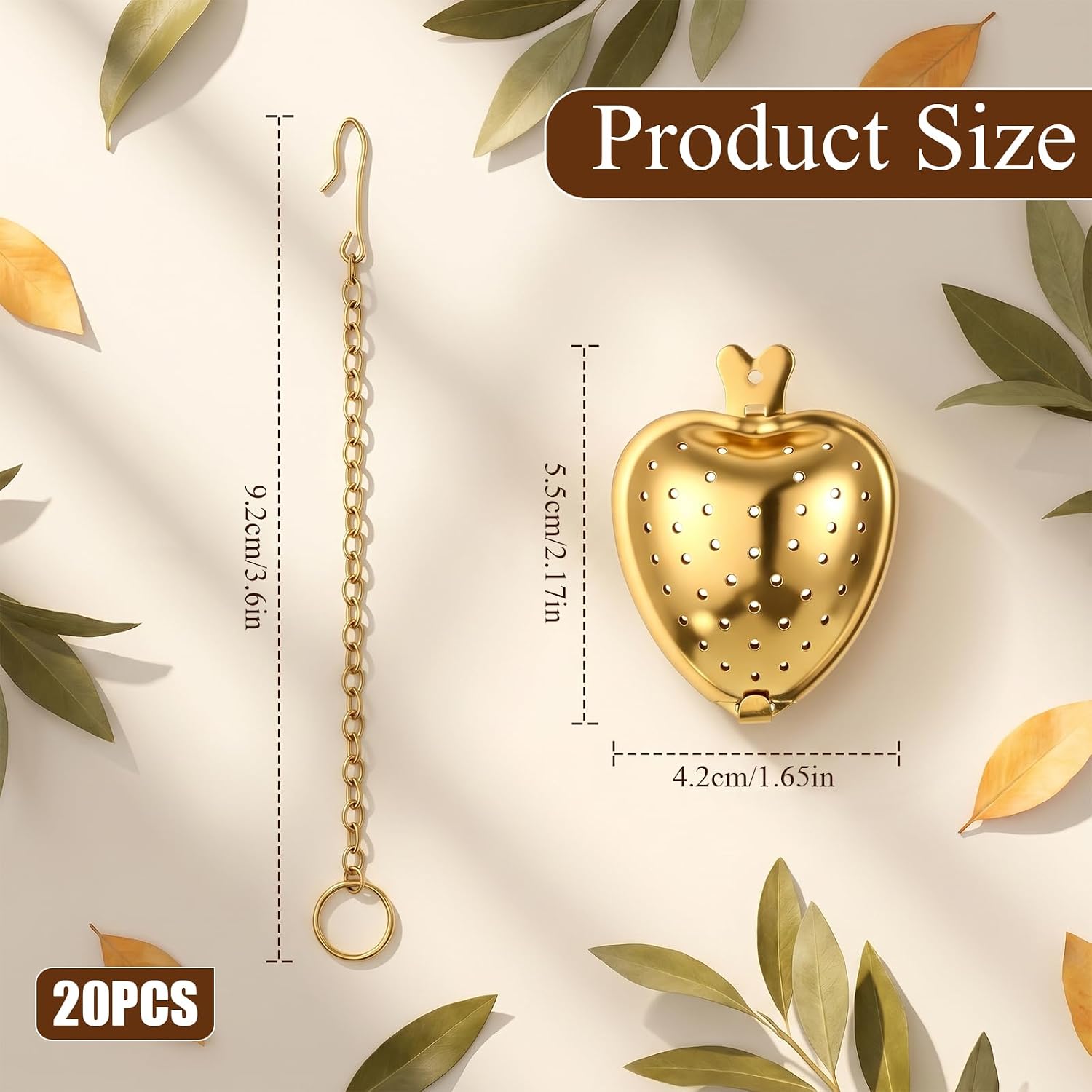 20 Pcs Gold Stainless Steel Tea Strainer Tea Ball Infuser, Heart Shape Mesh Filters with Extended Chain Hook, Loose Leaf Steeper Interval Diffuser for Brew Loose Leaf Teas and Seasonings & Spices