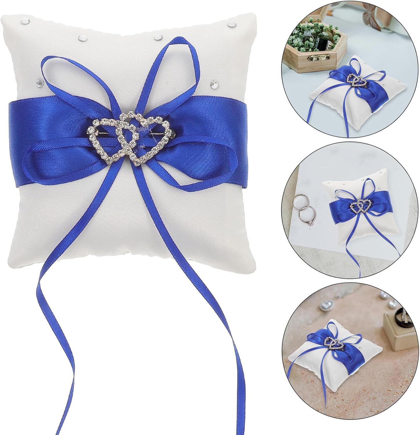 Heart-Shaped Blue Rhinestone Ring Bearer Pillow Cushion for Wedding and Engagement, Decorative Ring Holder with Satin Fabric, Bridal Ceremony Accessory