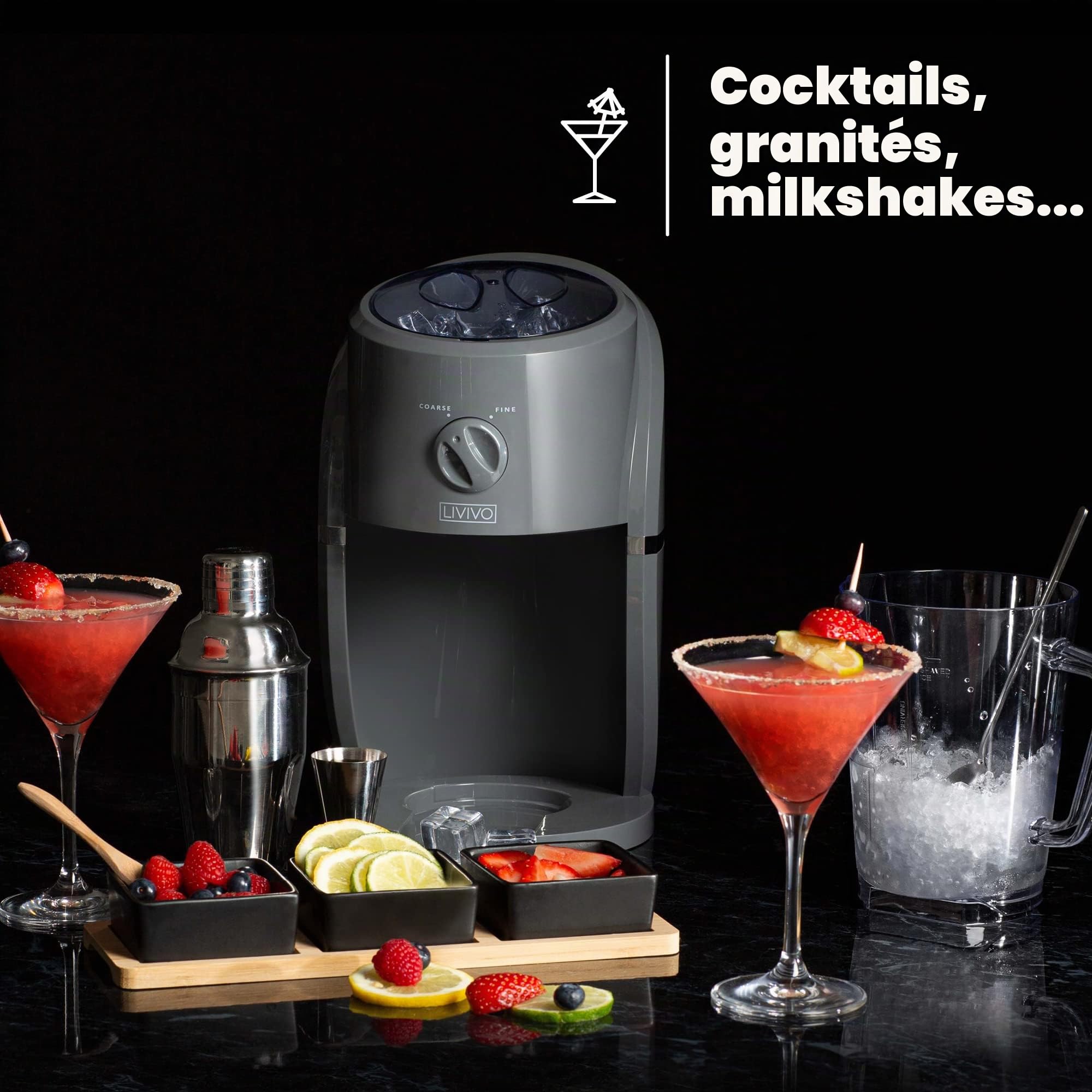 LIVIVO Broyeur à glace électrique avec pelle à glace et grande boîte à trémie amovible pour faire des cônes de neige mélanger des smoothies des cocktails des cadres du thé glacé et du café etc. (gris)