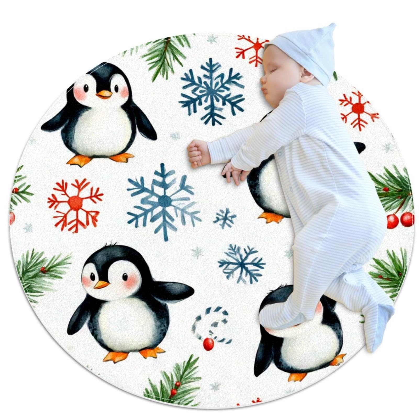 Tapis de douche rond en fourrure épaisse motif pingouins et branches