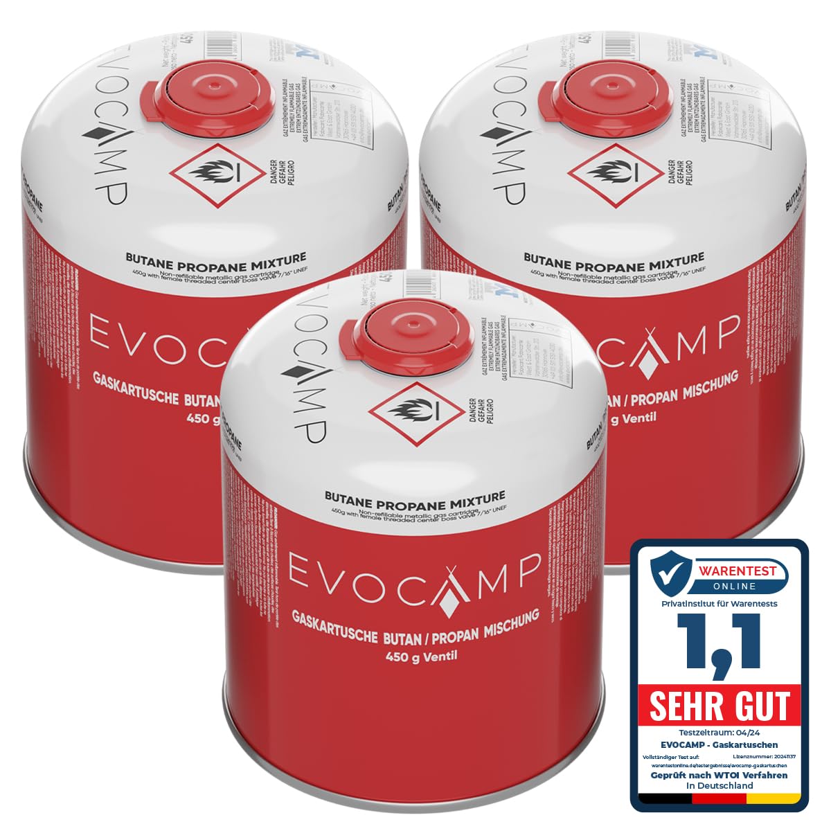 EVOCAMP 3X cartouche de gaz propane butane 450g, cartouche à vis avec filetage européen 7/16", bouteille de gaz 809ml, bonbonne de gaz utilisable pour les grills Weber séries Q100/1200