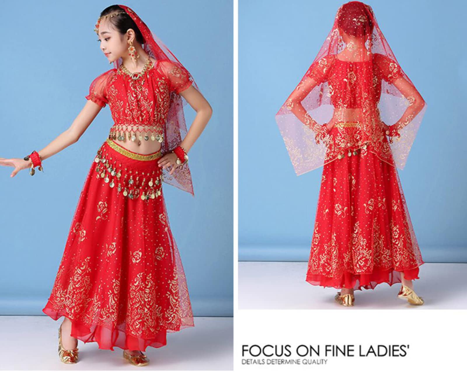 5 Teile/Satz Kinder Bauchtanz Kostüm Set Orientalische Indische Tanzkostüme Bauchtanzabnutzung Kleid Indische Kleidung Für Mädchen,Rot,S