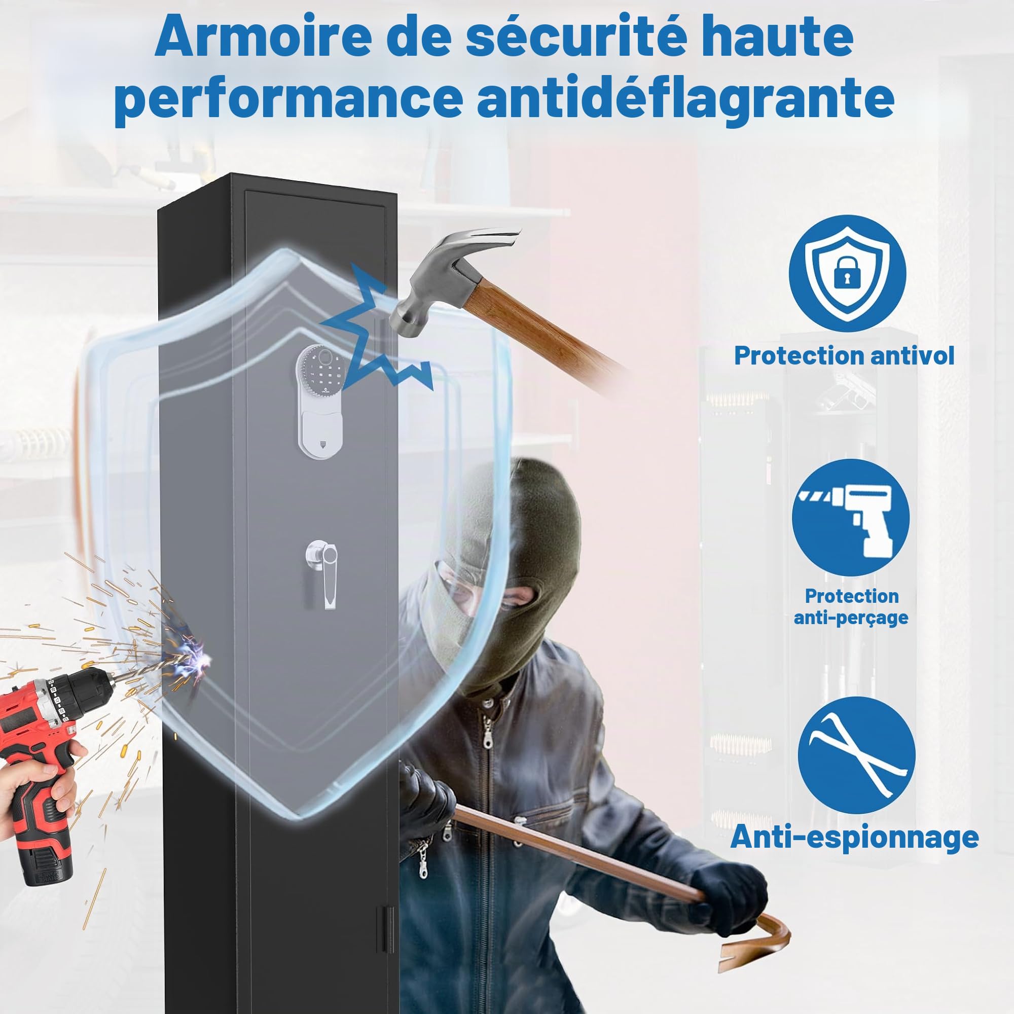 YUENFONG Armoire à armes à munitions pour 3 à 5 fusils - Coffre-fort à armes avec serrure électronique - Avec 2 clés - Réglable - Noir