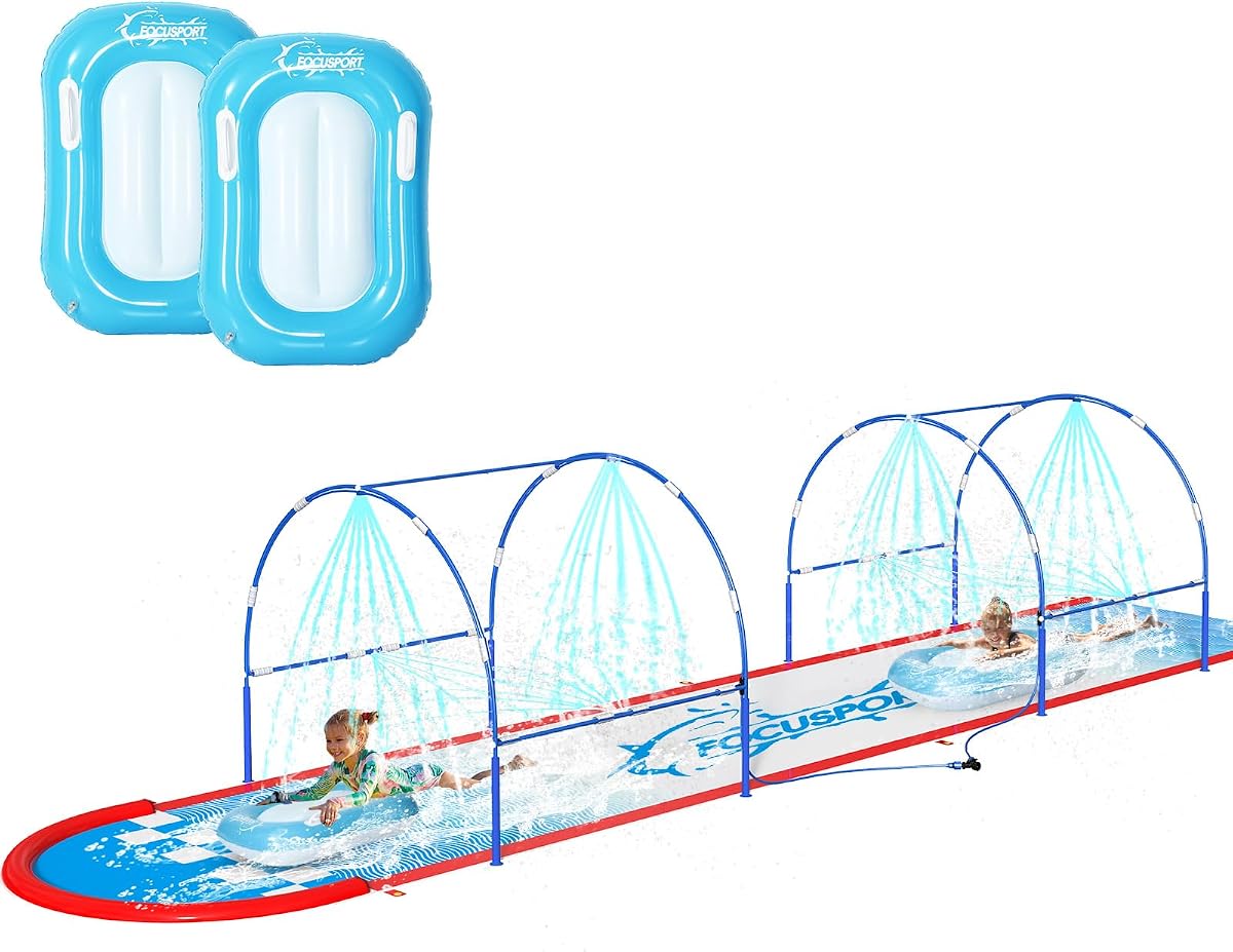 Tobogán acuático para césped de 23 pies con marco de metal dual y sistema de aspersor independiente, tobogán acuático para patio trasero de niños, incluye 2 tablas de bodyboard, 6 estacas, bomba de aire, juguete acuático al aire libre Juegos de césped de verano